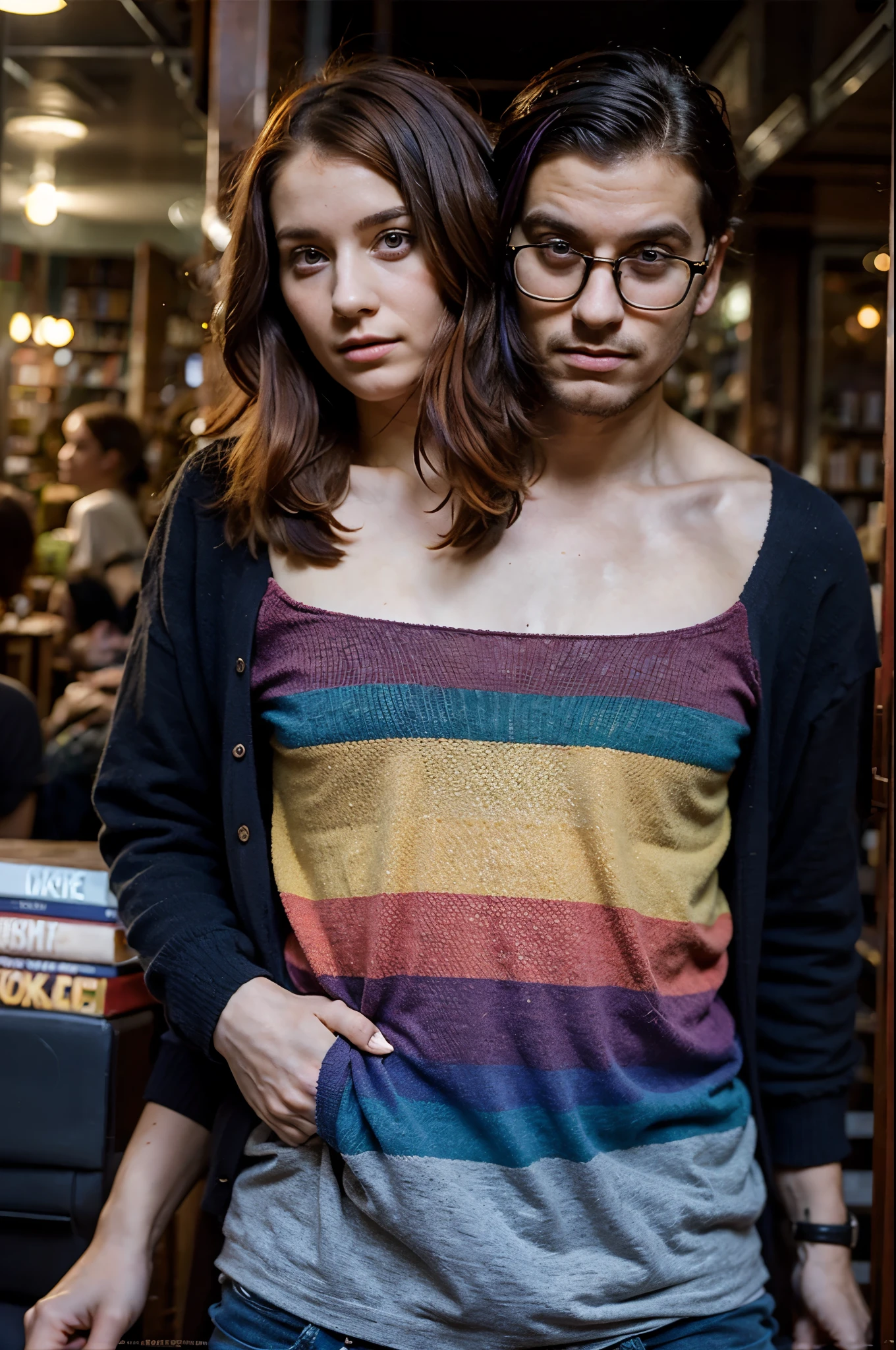 2heads, male female couple, age 28, two heads on one body, one torso, hipsters, multicolored hair, hipster fashion, in bookstore,