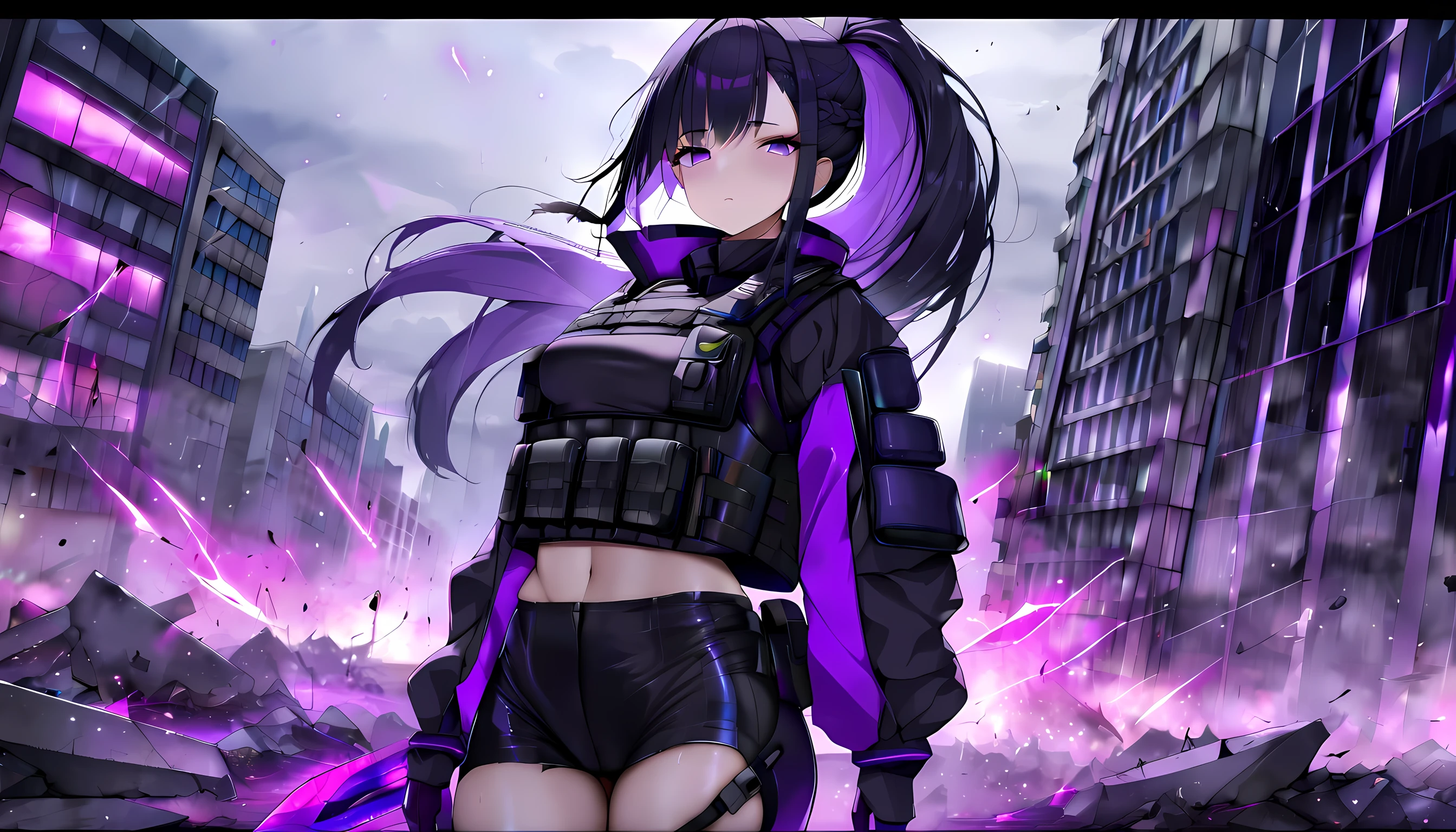 light particles, plume noire qui tombe, plasma violet, 1fille, ponytail with side braid black hair and purple hair, yeux violets, scintillant, Tenue violette et noire, gilet balistique, sombre, Sombre, concrete, destroyed, Japon, building, absurdes, high resolution, ultra-tranchant, regarder le spectateur, plan large., 8K, chef-d'artwork, best quality, best quality, retina, accurate, Anatomiquement correct, prime, high resolution