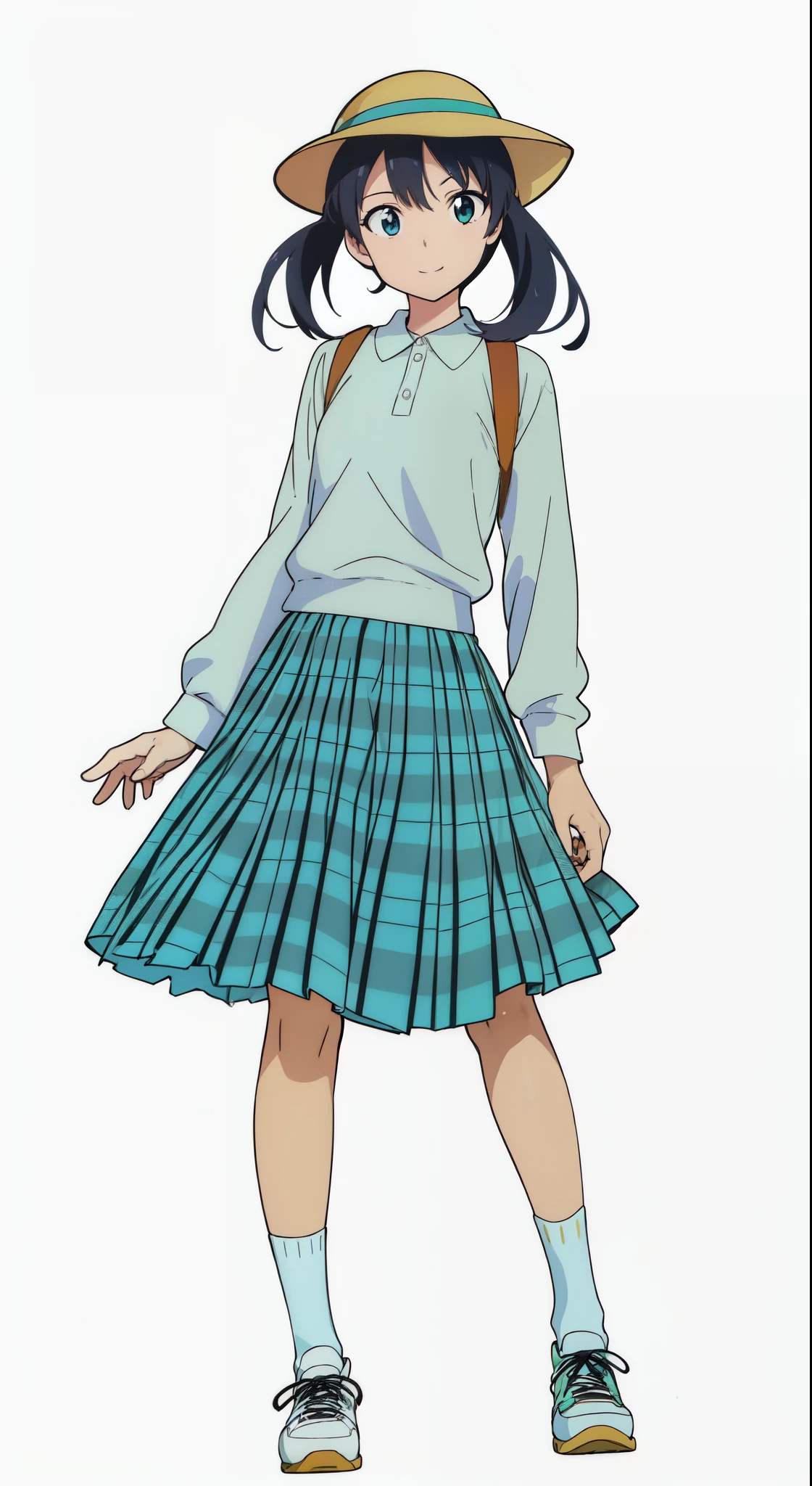 (cheerful:1.5), (light smile:1.5), (white background:1.0), (best quality:1.0), (masterpiece:1.0), (super fine illustration:1.0), (beautiful artwork:1.0), (anime screencap:1.0), (official art:1.0), (full body:1.0), (solo:1.0), (ESGA:1.0), (a cute girl:1.0), (yellow hat:1.25), (red backpack:1.0), (long skirt:1.0), (green tartan skirt:1.0), (pleated skirt:1.0), (aqua blue polo shirt:1.0), (long sleeve polo shirt:1.0), (sneakers:1.0), (white socks:1.25), (ideal ratio body proportions:1.25), (lanky:1.25), (tall:1.25), (slender:1.25), (small breasts:1.25), (smaller face:1.25), (tareme:1.0), (detailed beautiful eyes:1.0), (detailed beautiful face:1.0), (glowing black eyes:1.0), (short hair:1.0), (low twintails:1.0), (black hair:1.0), (looking at viewer:1.0)