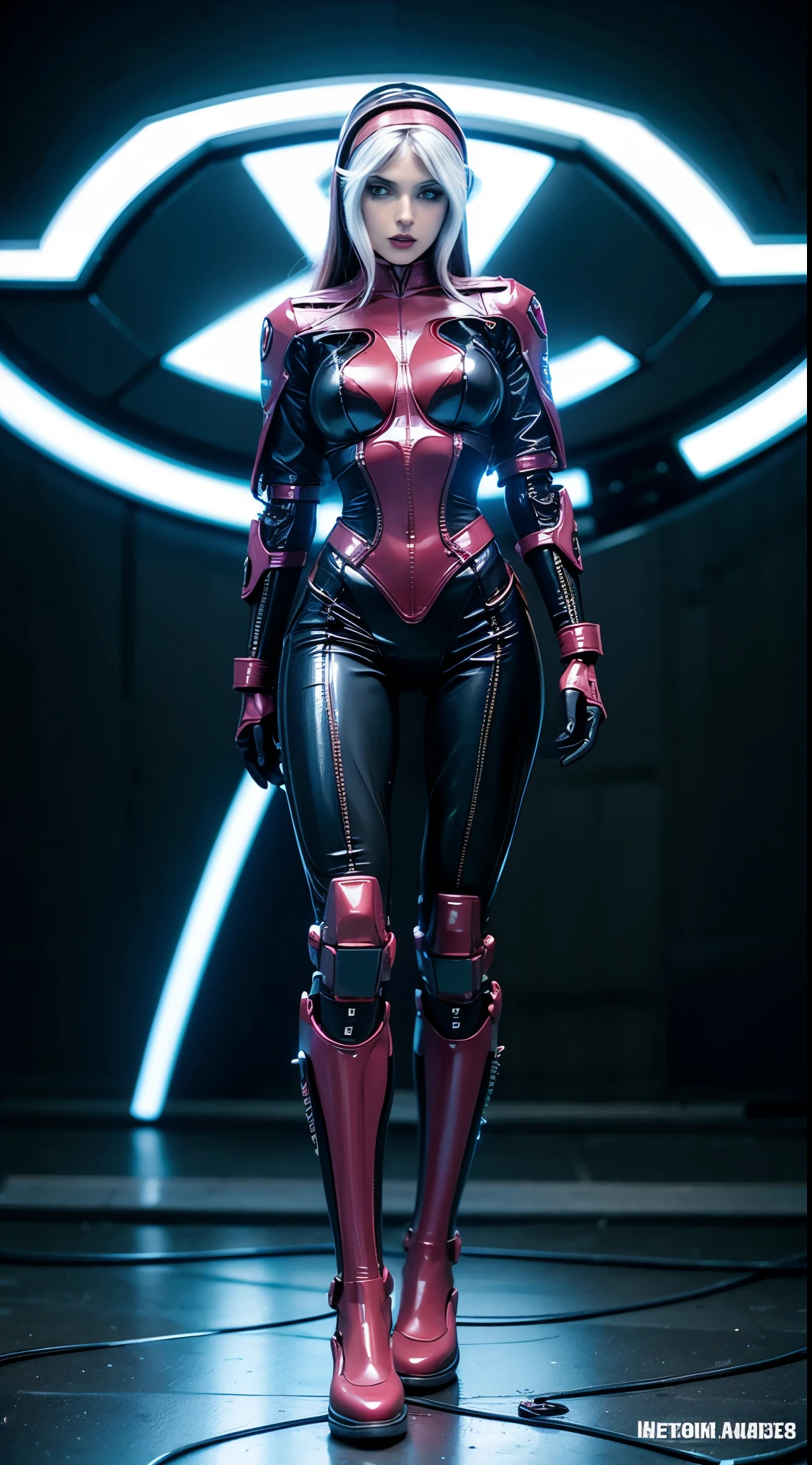 Alexandra Daddario como Vampira X-Men, extremamente realista, muito linda, sexy, cabelos com franja branca, bunda grande, pernas grossas fitness, robotic body, sorayama style