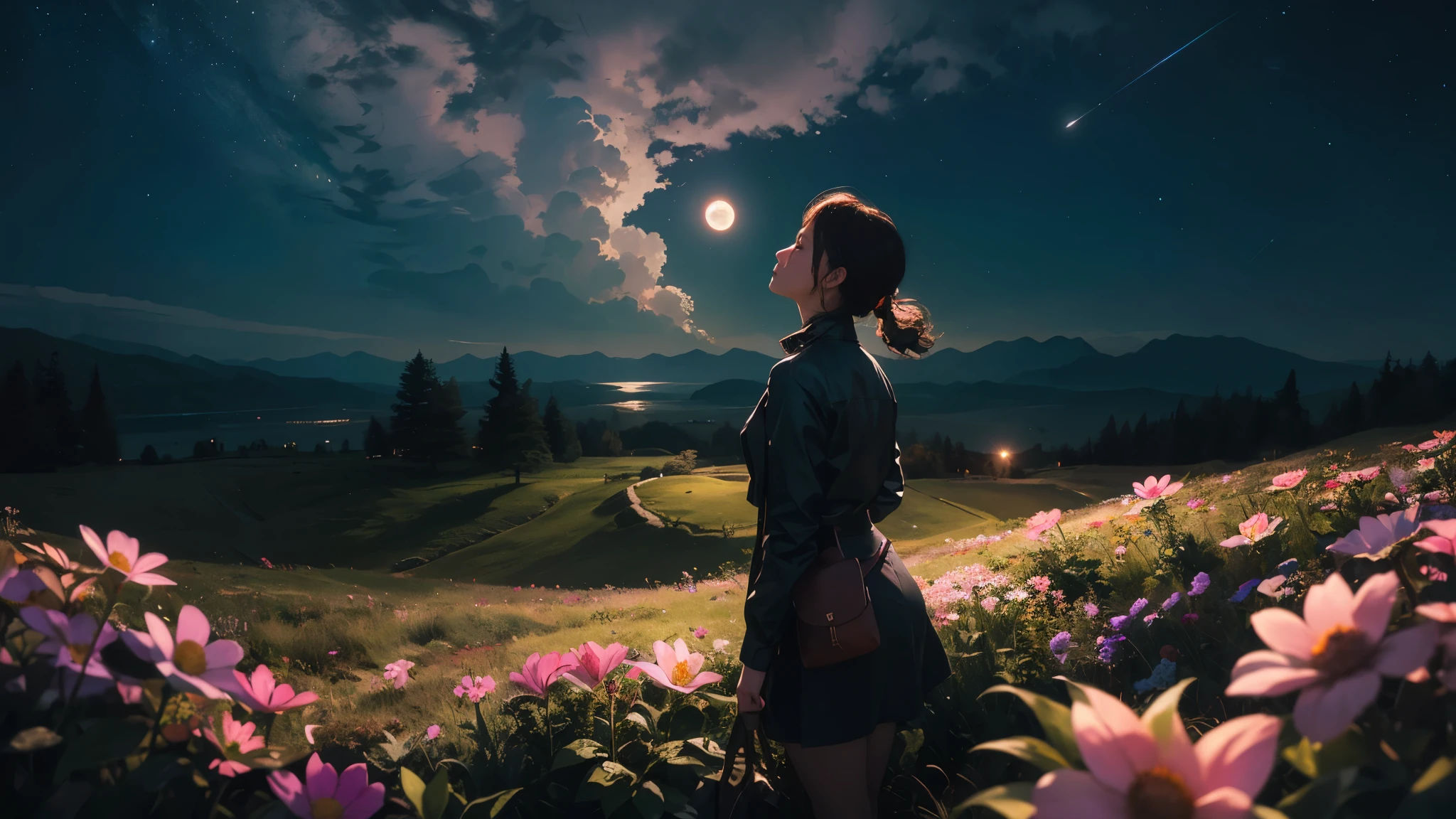 vast landscape photography，（a bottom view showing the sky above and open country below），A girl stands among the flowers and looks up，（full moon：1.4），（meteor：0.9），（nebula：1.3），mountains in the distance，tree cutting art，（Warm light source：1.2），（firefly：1.2），Deng Deng，lots of purple and orange，intricate details，Volumetric lighting，break realism（masterpiece： 1.2） ， （best quality）， 4k， Super detailed， （dynamic synthesis： 1.4）， Very detailed， Colorful and detailed， （rainbow colors： 1.2）， （bright lights， mood lighting）， dream magical， magic， （solo： 1.2）