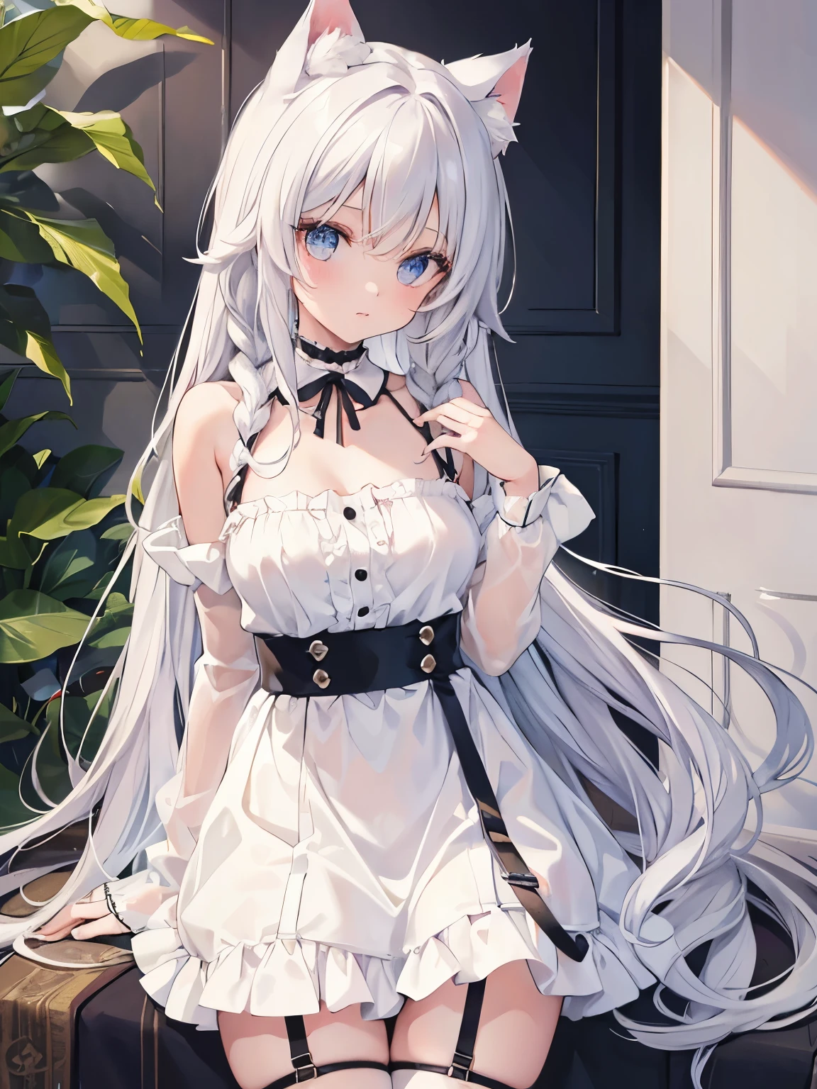 masterpiece, {{{{Highest quality}}}}, beautiful,1 girl, {{{White_long_hair}}}, {{{{One braid extending from the left side of the front hairline to the chest (one side only)}}}}, cat ears(White), cat tail(White), frilled choker、miniskirt_dress, bare_shoulders, garter belt,garter straps