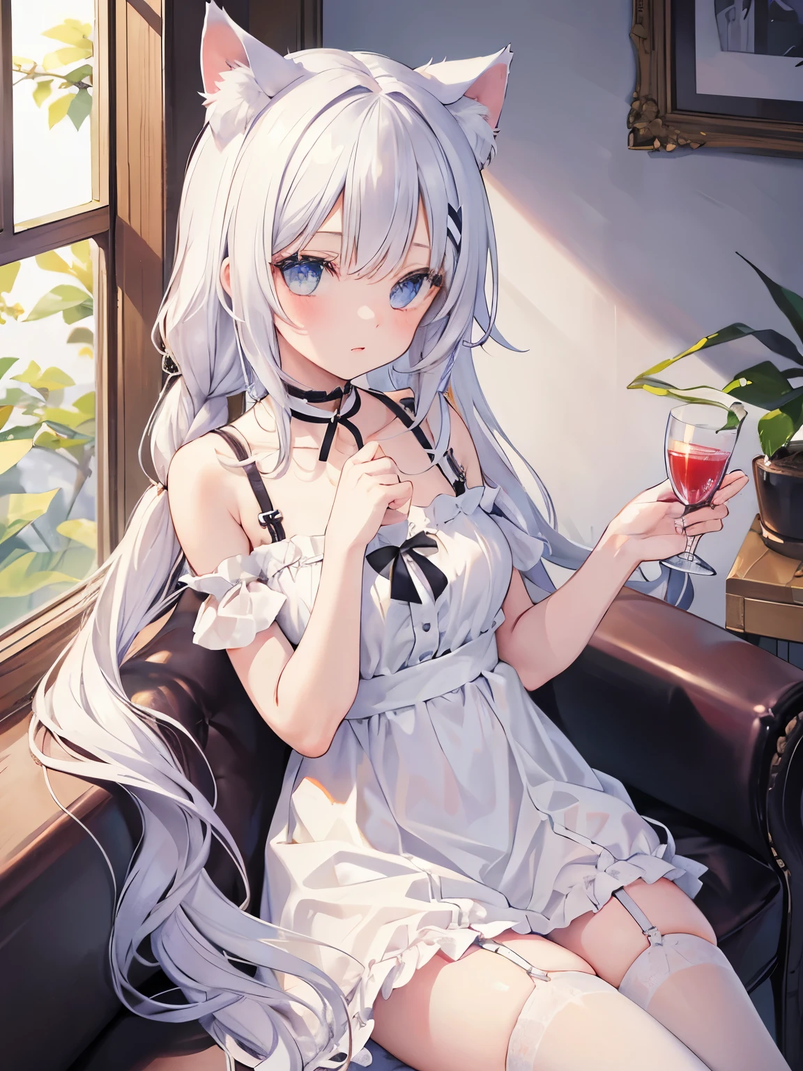 masterpiece, {{{{Highest quality}}}}, beautiful,1 girl, {{{White_long_hair}}}, {{{{One braid extending from the left side of the front hairline to the chest (one side only)}}}}, cat ears(White), cat tail(White), frilled choker、miniskirt_dress, bare_shoulders, garter belt,garter straps