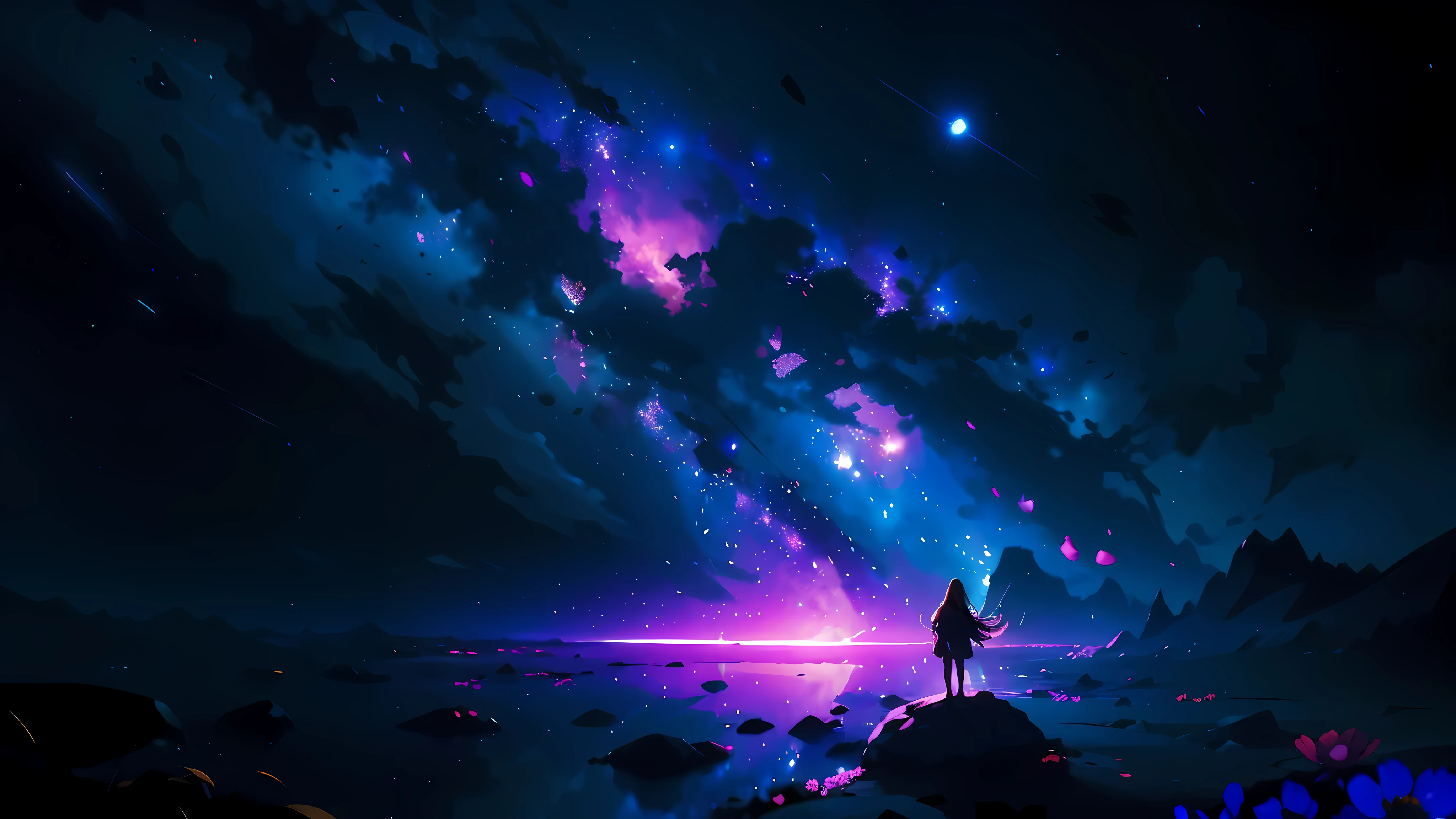 4K scenery, Beautiful stars background, looks like a dream, sky looking Extremely beautiful, Hyper-Resolution, perfect litthing, Dark space, space photo, Extremely beautiful, A world of dreams, Girl standing on a flower, Look at the sky, Dark atmosphere, Perfect color grading, a planet in the sky