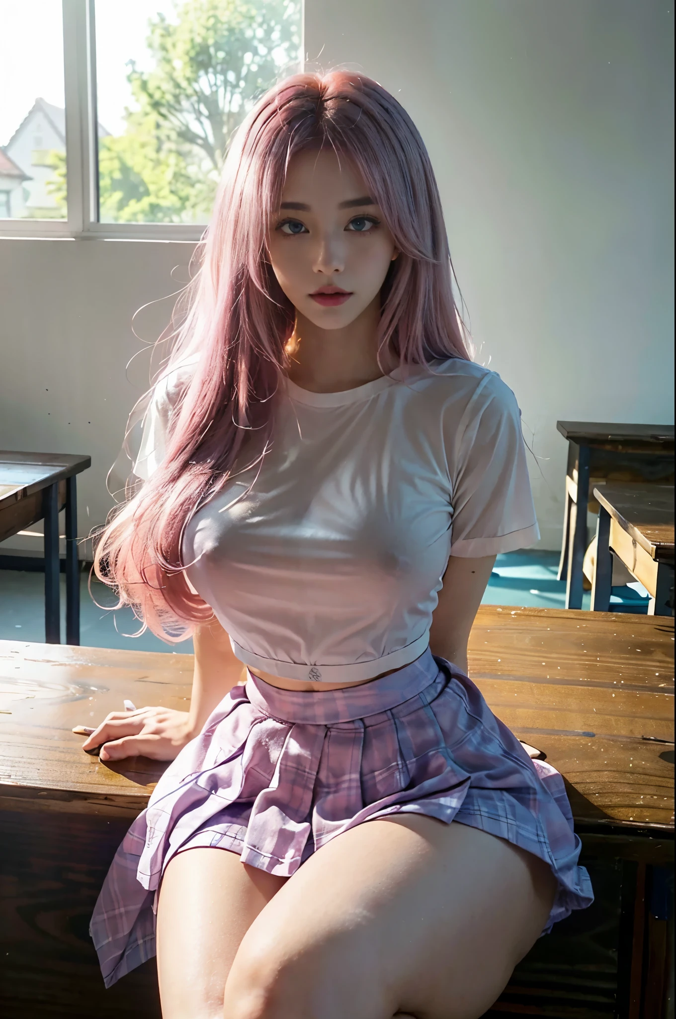 {{}},{soght pink hair},{{heterochromia blue yellow}},{{blue eyes}},{{yellow eyes}},big ahoge,long messy hair,floating hair,pink halo,white shirt with cyan tie,large breast,black pleated_skirt,hime cut,{sleepy},classroom,