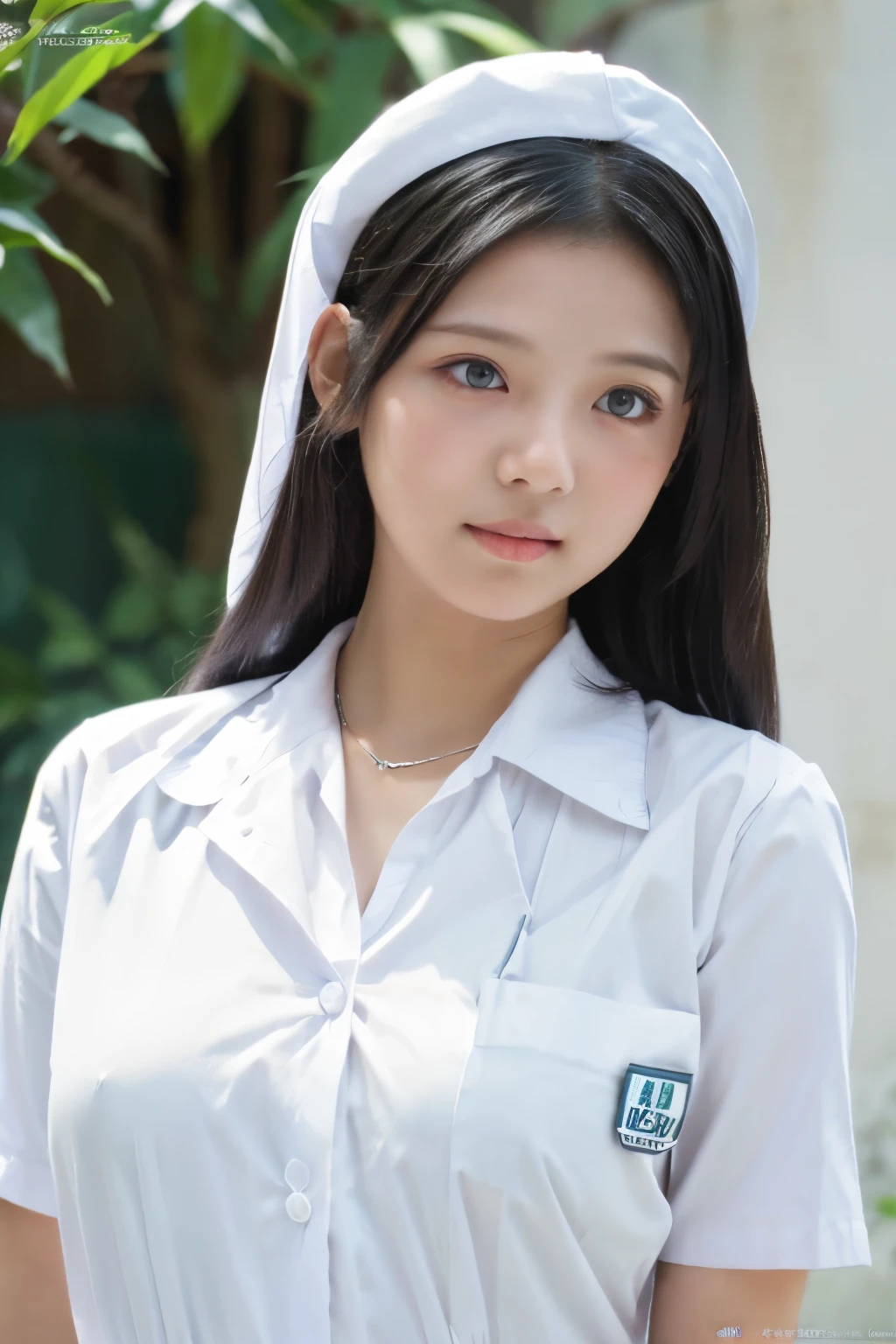 masterpiece, best quality, high resolution, veraa, x_hair_ornament, shining black hair, white green tulip hairpin, medium_long_hair, hair between the eyes, one side facing left, green_eyes,Full Body Portrait, Delicate Face, natural Face, veraa, Big Eyes: 1.1, Makeup: 1.2, 25 Years Old Woman, tanned skin, Slim Body, Small Bust, OL Uniform, Female White Collar Uniform,nurse outfit, Outdoor Scene,