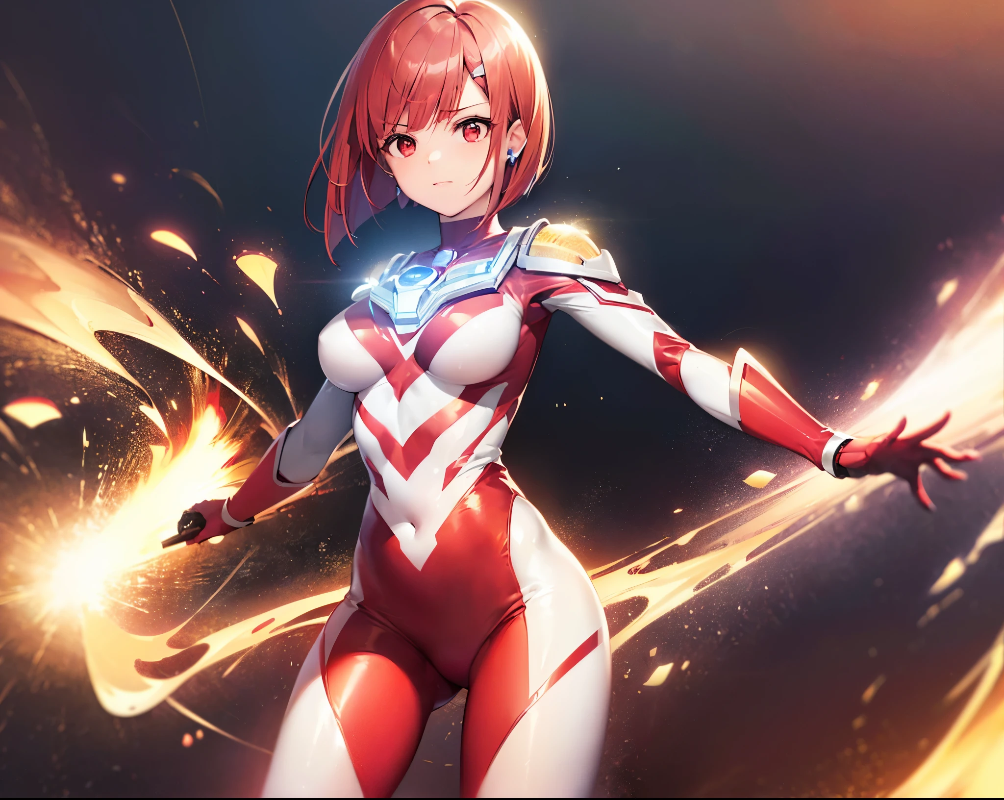 Close-up,highest quality, ultra detail, High quality CG drawing, The most delicate and beautiful, Floating gently, High resolution, (1 girl), (Highest image quality,4K,8K,masterpiece:1.2),(all red hair:1.5),(short bob:1.5),bangs bangs,(red eyes:1.5), (ultra girl :1.0), (silver and red ultraman bodysuit:1.4),slightly bigger breasts,cool pose