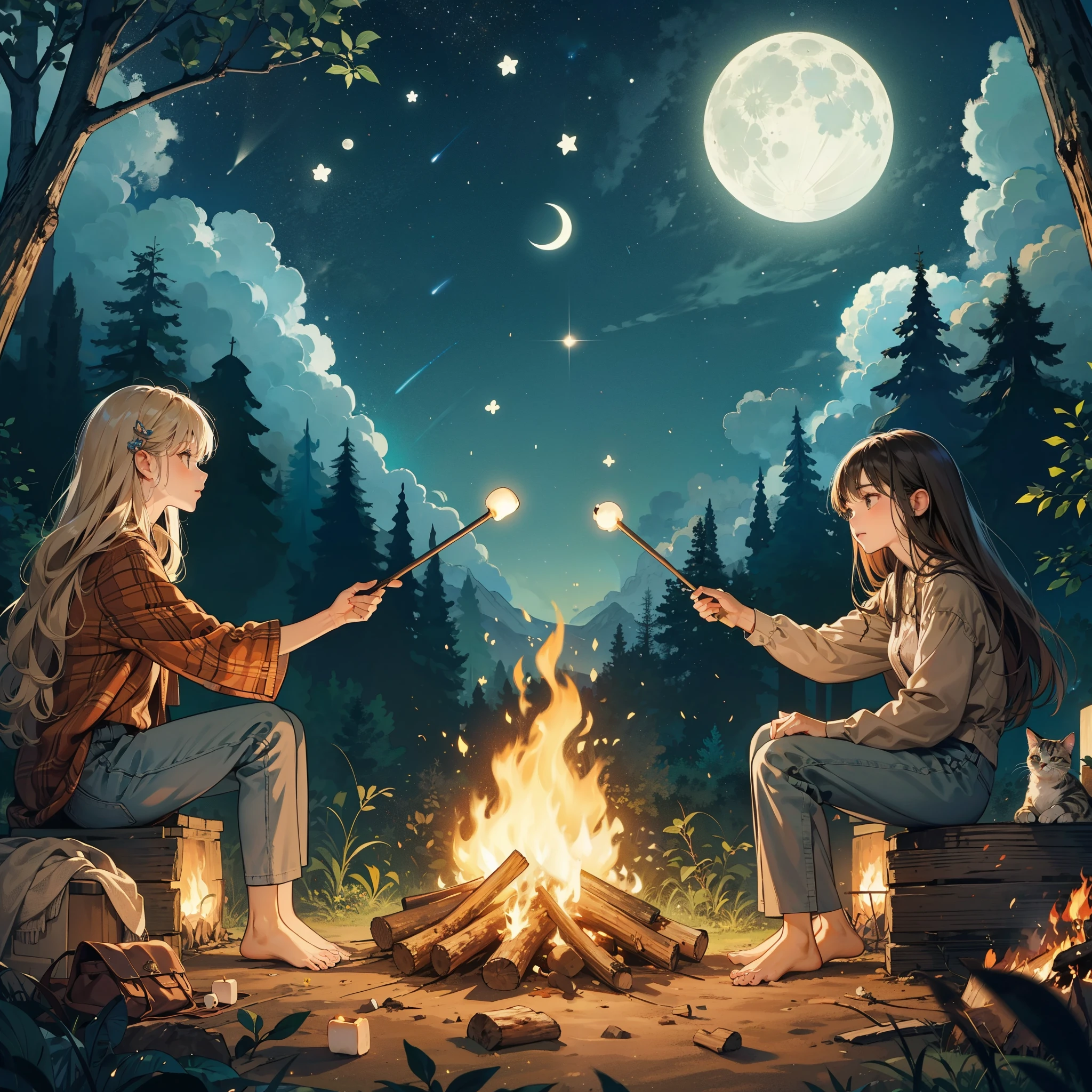 two girls sitting on wooden logs roasting marshmallows, at a campfire in the forest at night, looking at the moon and stars, both barefoot, a cat, bag,