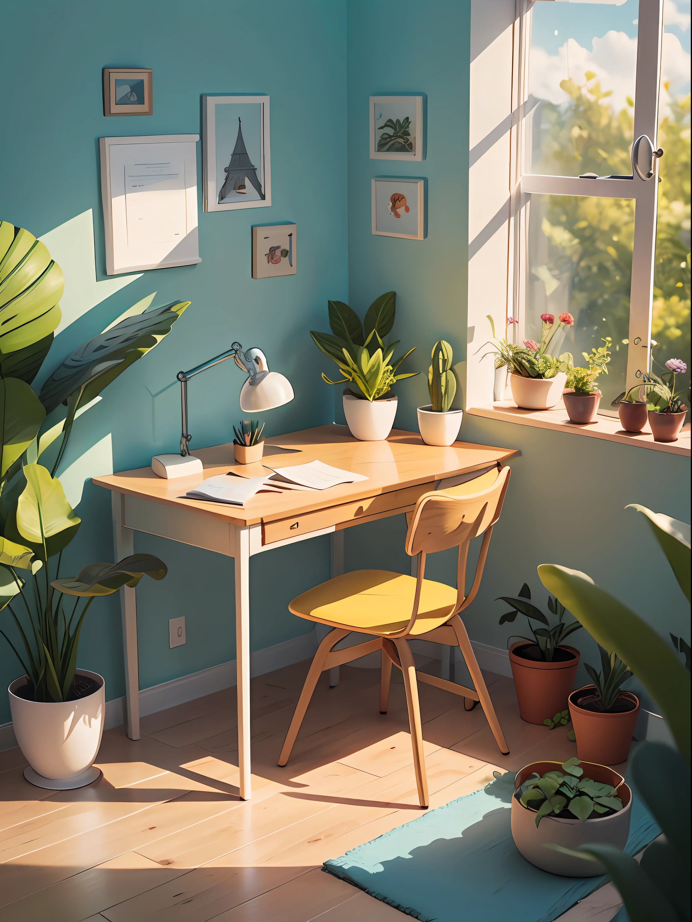 Illustration of desk drawn in cartoon style. Add natural elements, As plants and flowers, And use a soft color palette to create a relaxing atmosphere.