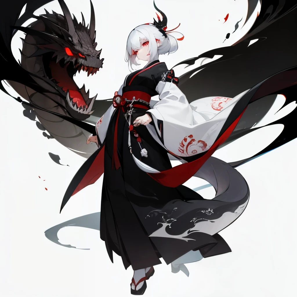 A dragon hovers behind the girl, 1 girl, solo, white hair, red eyes, bun head, double tail, Chinese clothes, faint smile, full body, (red: 0.1| White: 0.3|Hanfu|Large-sleeved dress|gold trim), look at the audience, (masterpiece, best quality, CG is very detailed, details complex: 1.2), simple background, Hanfutang, dragon
