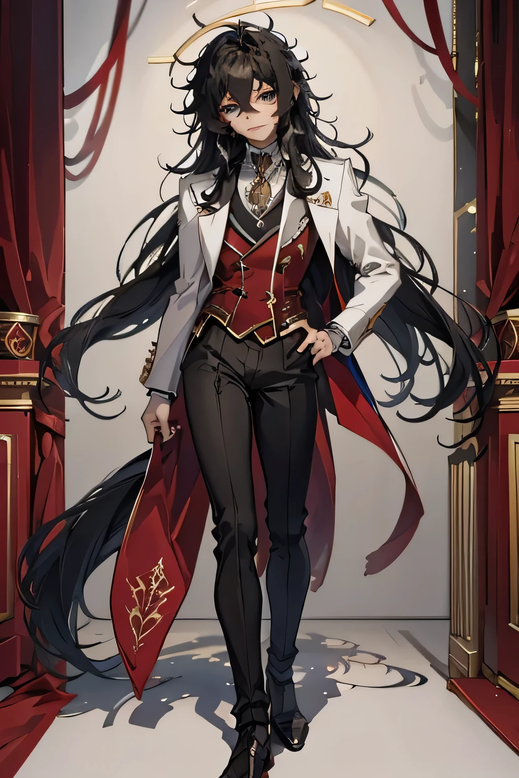 Grand Librarian, black hair male, long curly hair femboy, red fantasy outfit, blue eyes, standing