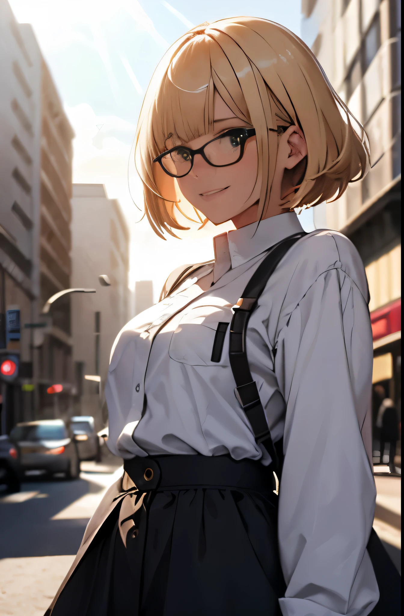 1 girl, beautiful, blonde hair, dull bangs, hair on shoulders, Glasses, light smile, cowboy shot, daytime, outdoors, crowded street, surrealism, cinematic lighting, god&#39;s rays, ray tracing, blurred foreground, atmospheric perspective, Bokeh, Lens flare, Hmm, retina, masterpiece, Accurate, rough skin, Super detailed, high quality, 8k