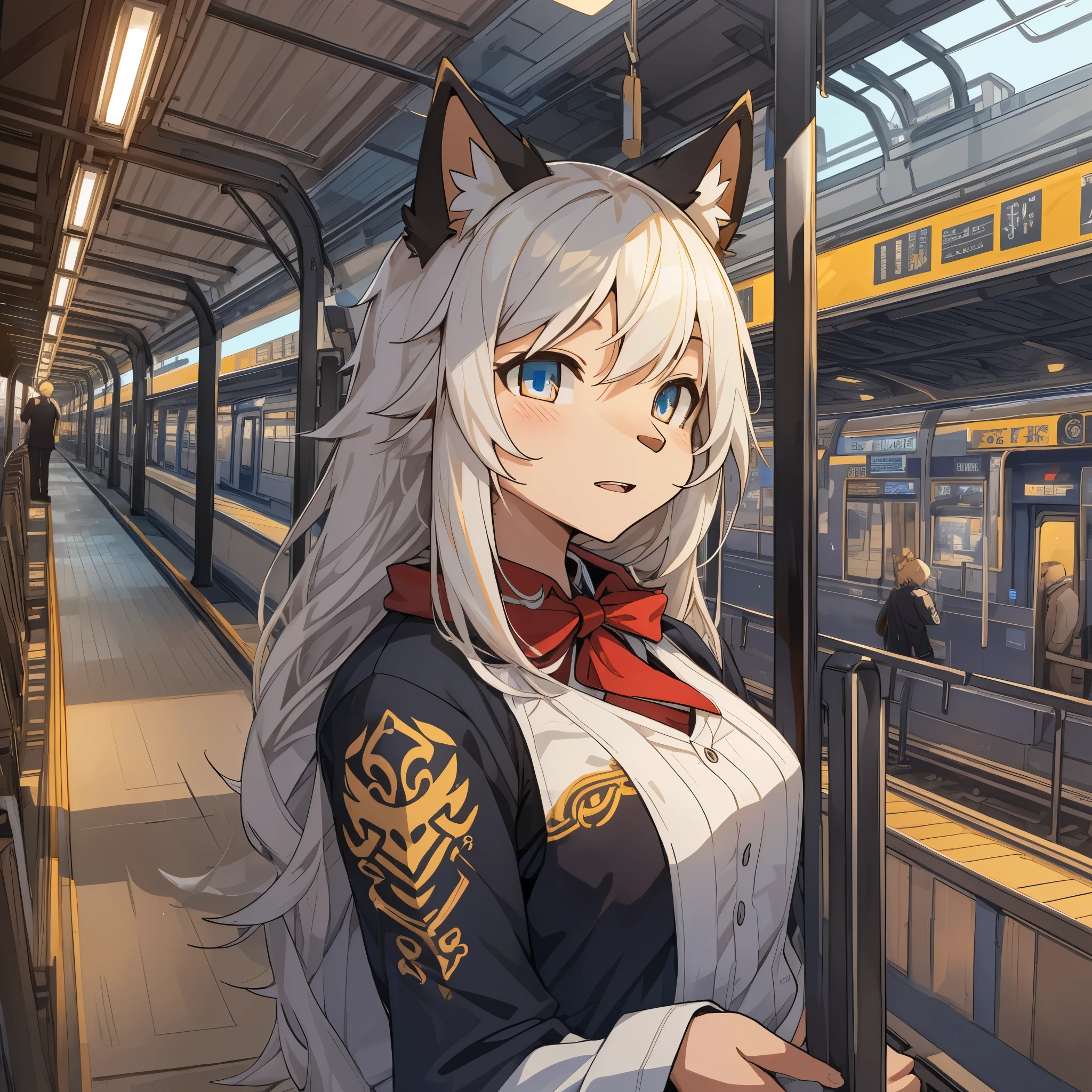 top quality, best quality, High-quality illustrations, masterpiece, super high resolution, detailed background, station, train, student, salary, suits, evening, 6+boys, 6+girls, absurdres(highly detailed beautiful face and eyes)perfect anatomy, expression, good lighting, cinematic shadow(kemono, furry anthro)assorted poses, dynamic angle,