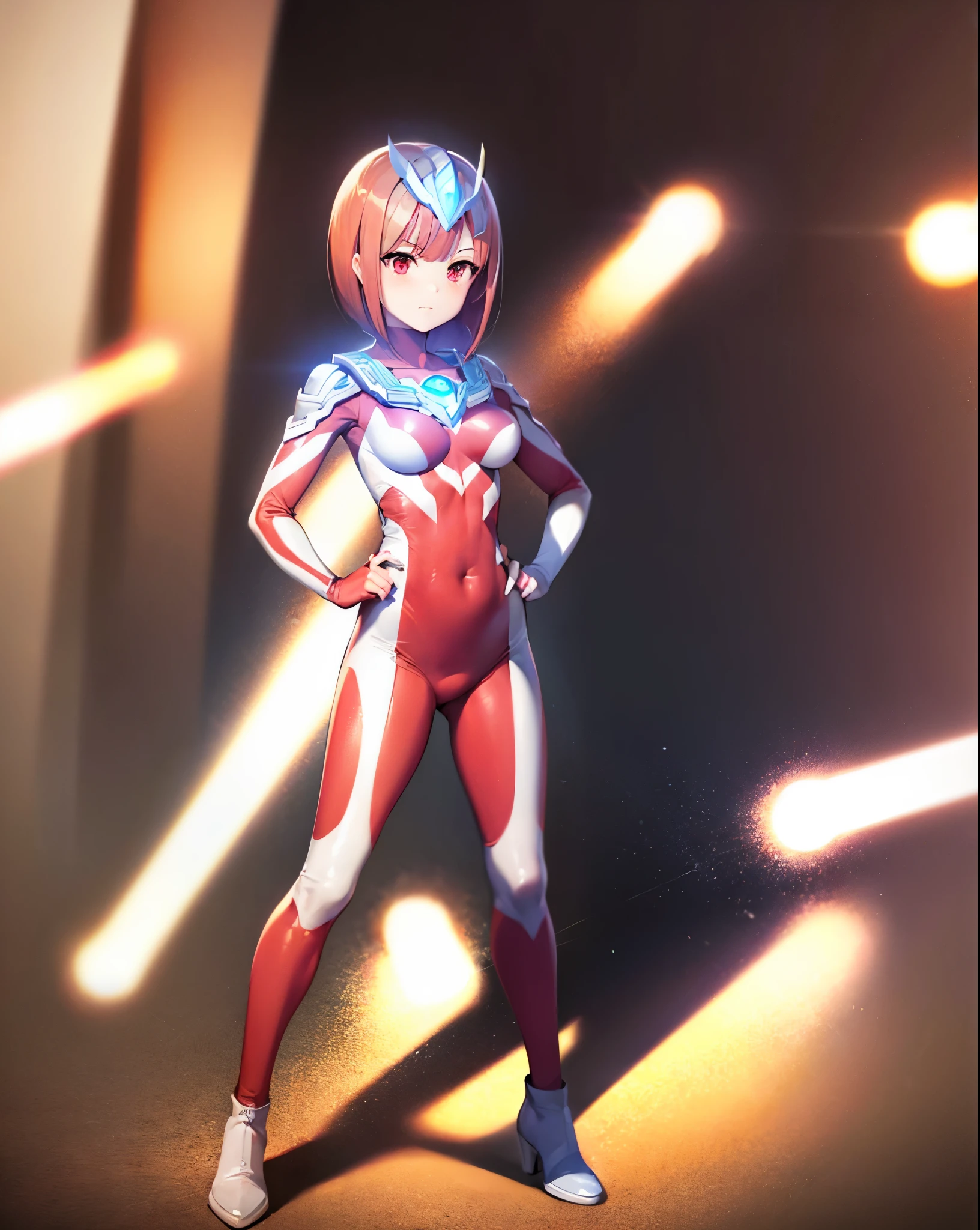 A short brown-haired girl wearing a red and white slingshot,sunburn,flames from the right hand,domino mask,orange headband,night ground,super detailed,High resolution, anime,