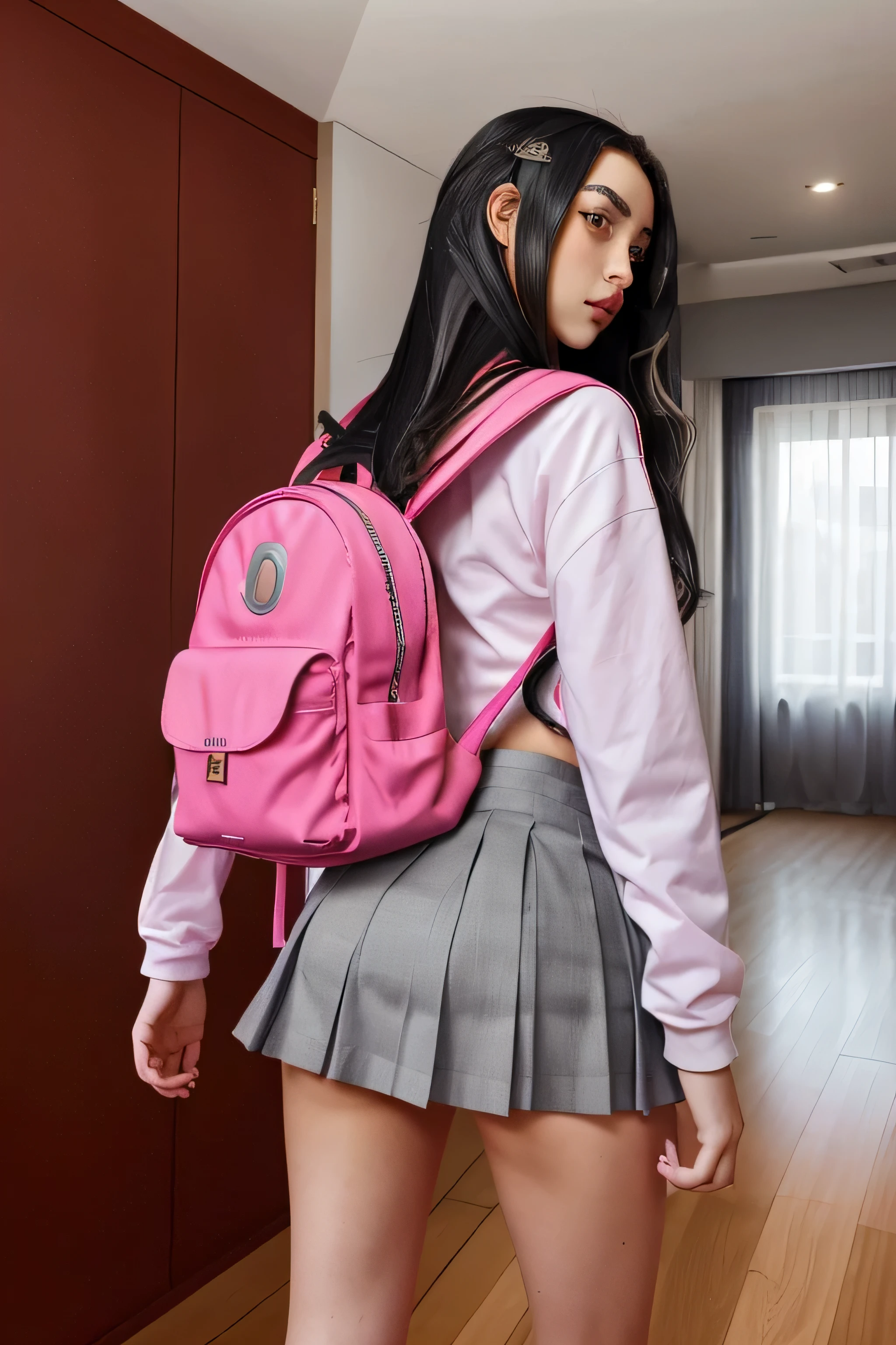 Obra maestra, Mejor calidad, high resolution, hermoso , adolescente delgada con mochila rosa en la espalda, subir las escaleras, wearing a mini pleated gray falda,  falda, mostrando su culo, sin tanga, Bottom-up camera, young  hermoso, wind lifts falda,  Bottom-up camera.