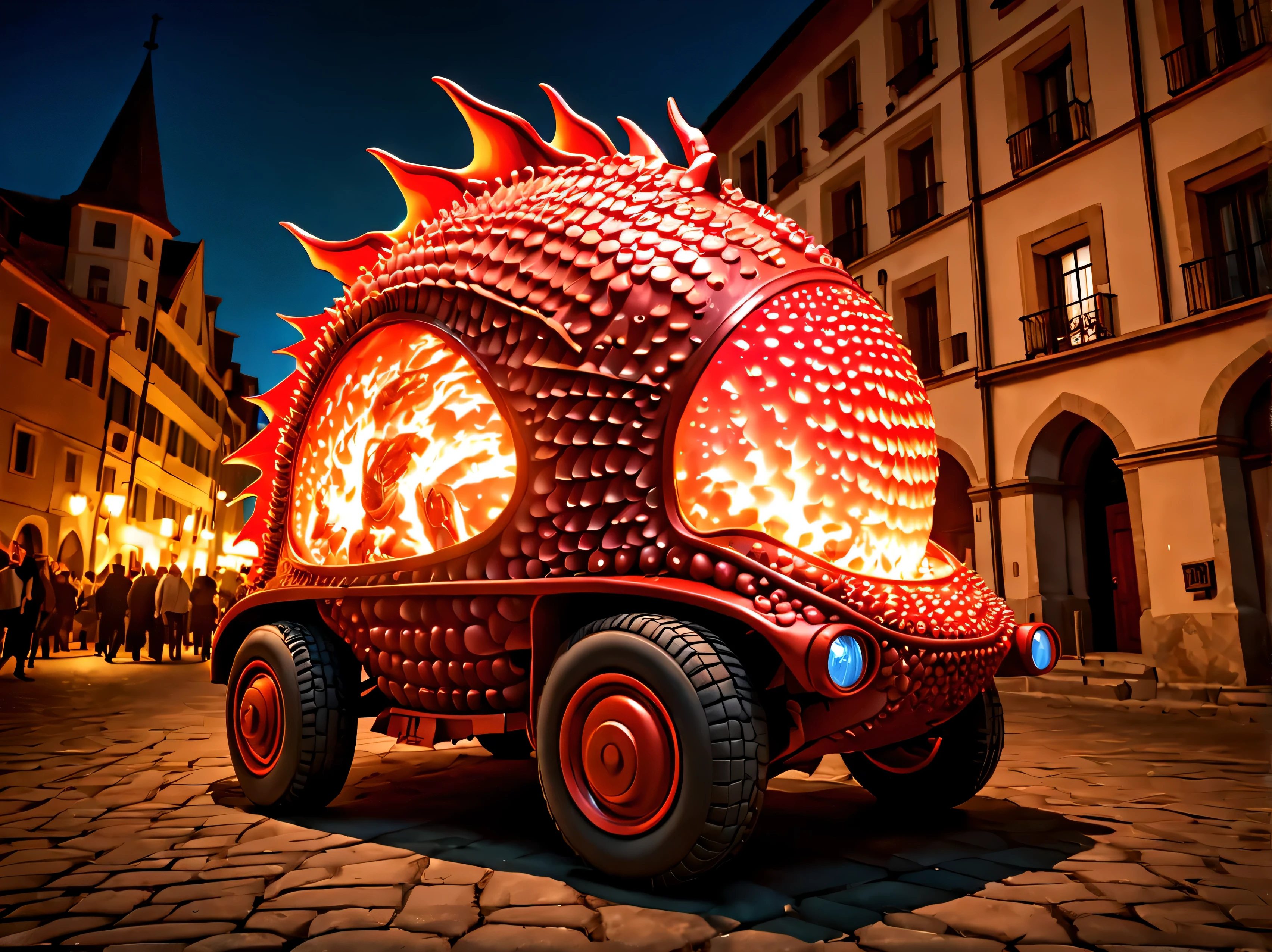 a pearly red bubble tank-car, in a medieval-city, erupting-fire, dragon-scales, nighttime, aggressive,  highly detailed, attack on titan, photography, ultra sharp, film, professional, 4k high saturation