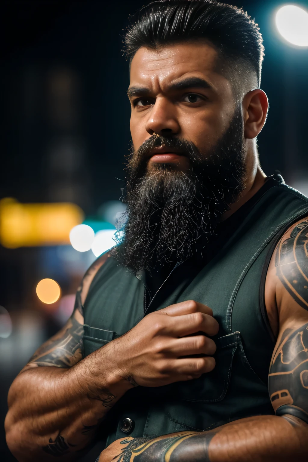 Close-up photo of a bearded, muscular man in a used mechanic&#39;s suit, ((Luz bokeh)), intrincado, (metal de acero [descansar]), elegante, Sharp focus, soft lighting, colores vibrantes, parte maestra, ((Calles)), cara detallada