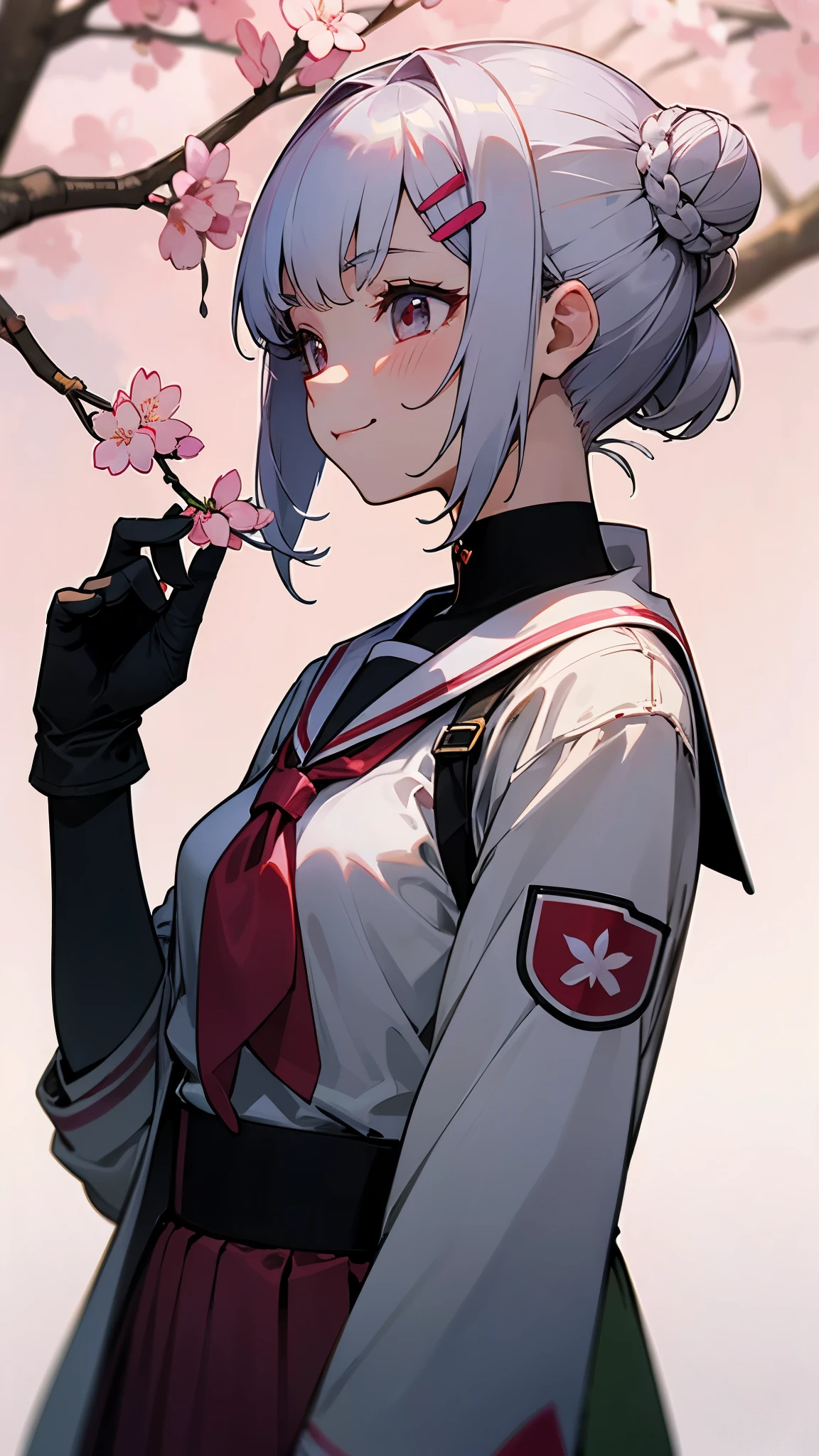(highest quality、Extra fine、real)、Genki Girl、anime high school girl、small breasts、riders jacket、Short hairstyles for silver hair and bob、Hair tied up in a bun with a hair clip、Shining pink round eyes、From the side、gloves、bright smile、stand in front of a cherry tree、upper body close-up、cherry blossom park、sharp outline