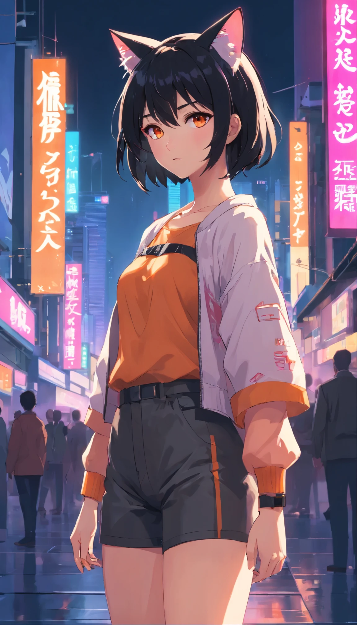 (masterpiece, best quality), ((1girl, (mature)), cat ears, girl in, standing, full body (full body) Perfect body (black hair, short hair, hair with bangs, hair with orange stirs, beautiful hair), (pink eyes, beautiful eyes, eye highlights, sharp eyes)), (simpler background, dark background, city background), (highres, chromatic freak), cyberpunk outfit