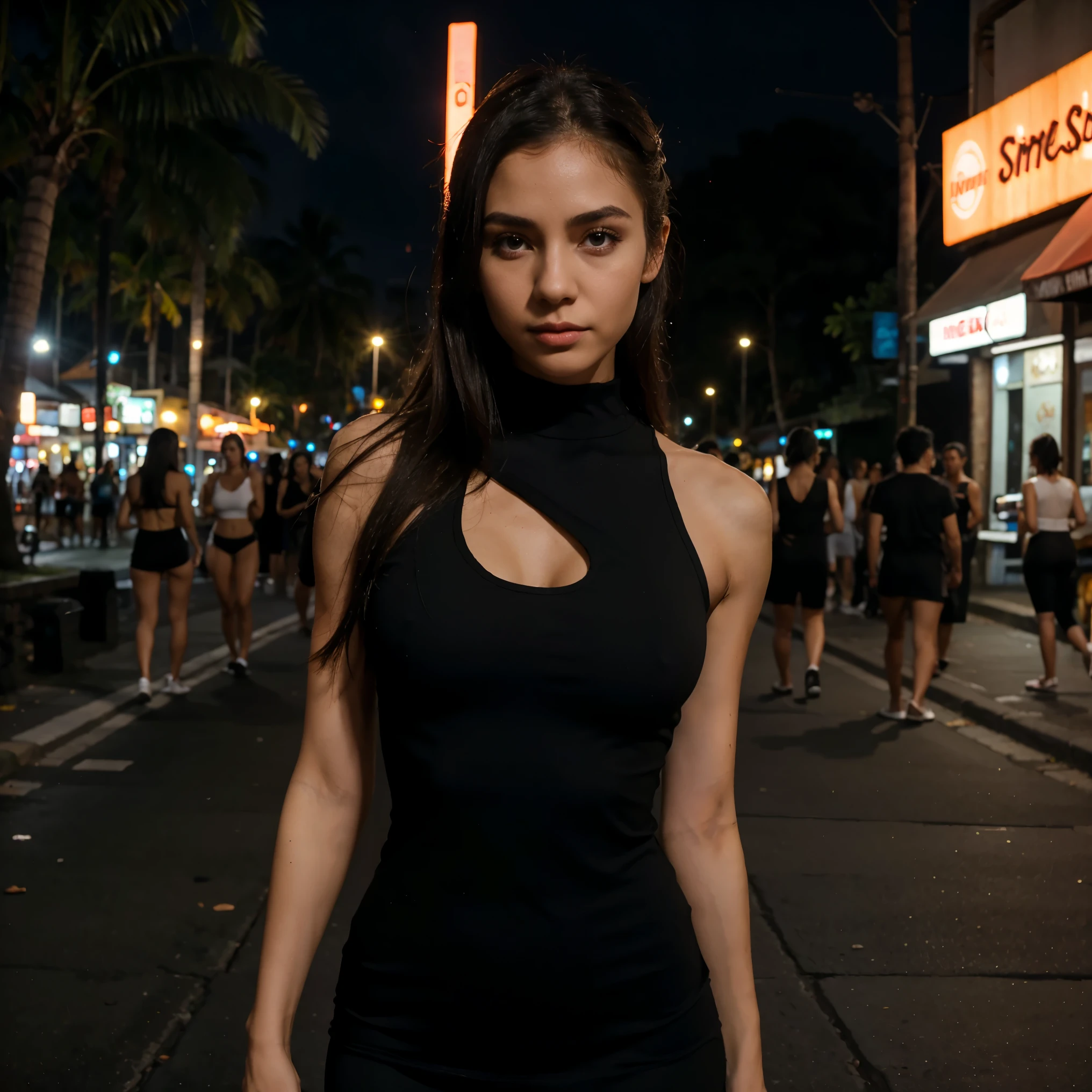 skinny fitness girl, black tight dress, nightlife, night, streets, bali, posing, photoshoot, realistic, natural, white skin girl, spanish girl