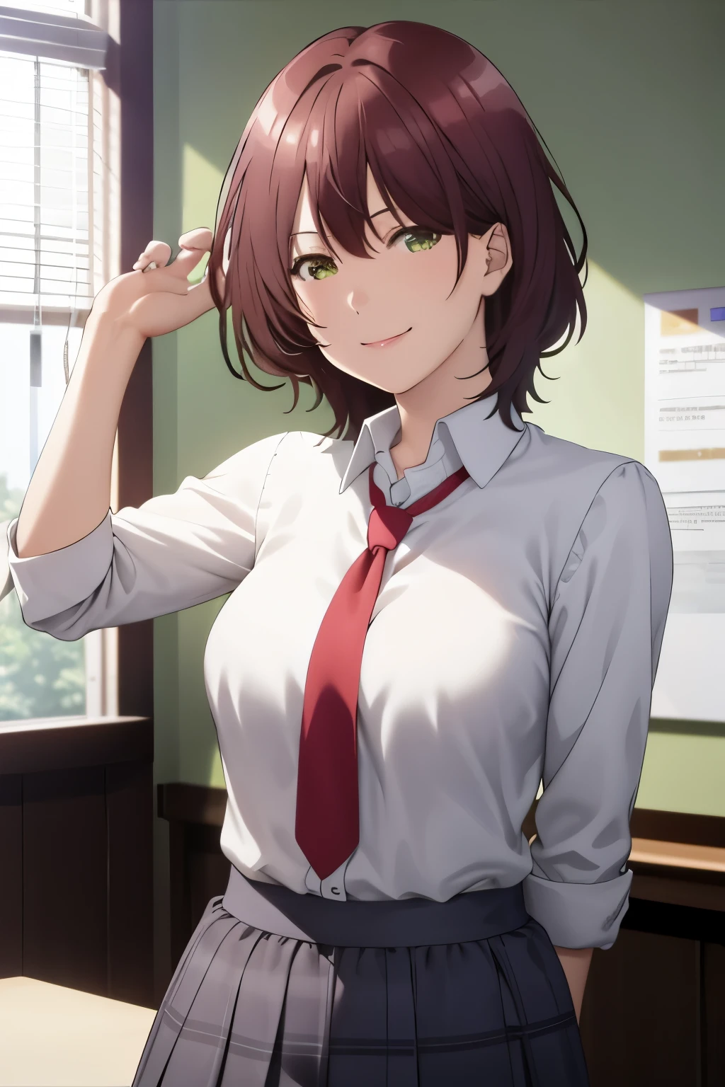 masterpiece, (best quality), 1woman,1girl ,aoihinami, , short hair, green eyes, white shirt,school uniform,sexy woman,jacket, necktie, collared shirt,closed clothes,  flirty, smile, hair between eyes, vibrant colors ,natural lighting  ,RTX,  , beautiful, (detailed face:1.2), showcase, (perfect eyes:1.1) ,(photorealistic:1.1), 8k uhd,  looking a viewer, indoors,  simple backround