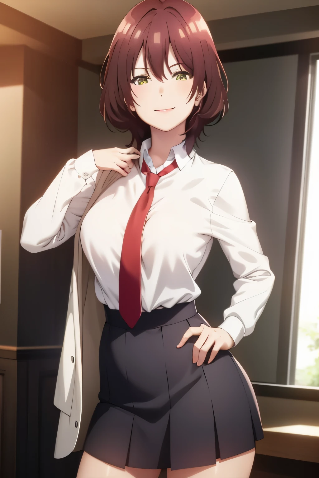 masterpiece, (best quality), 1woman,1girl ,aoihinami, , short hair, green eyes, white shirt,school uniform,sexy woman,jacket, necktie, collared shirt,closed clothes,  flirty, smile, hair between eyes, vibrant colors ,natural lighting  ,RTX,  , beautiful, (detailed face:1.2), showcase, (perfect eyes:1.1) ,(photorealistic:1.1), 8k uhd,  looking a viewer, indoors,  simple backround