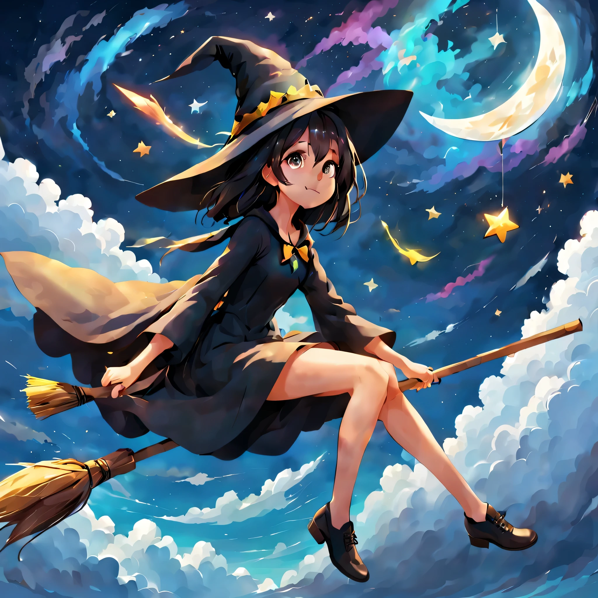 1 girl,Flying Witch,Broom ride,night sky,cloud,star,moon,shine,rich colors,Cast colorful spells,magic effect,be familiar with,beautiful,masterpiece,perfect face,cute,anatomically correct