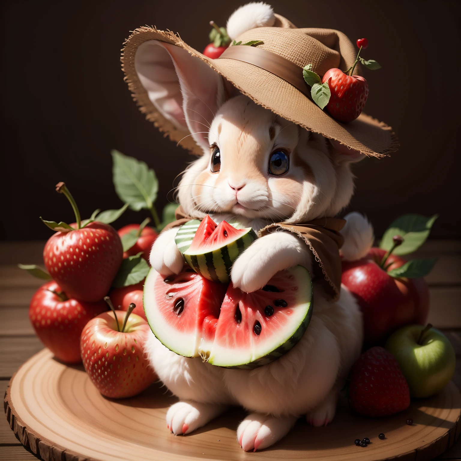 : 3. Rabbit, realistic, hairy, clothed animal, apple, dark circles, blush, cherry, food, fruit, full body, hat, non-human, strawberry, tomato, watermelon