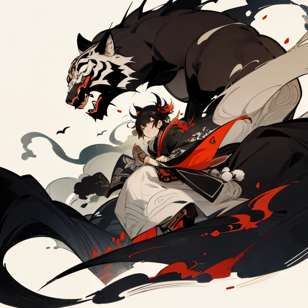 A cool Japanese-style ink painting with a beautiful tiger and dragon wearing a black aura.