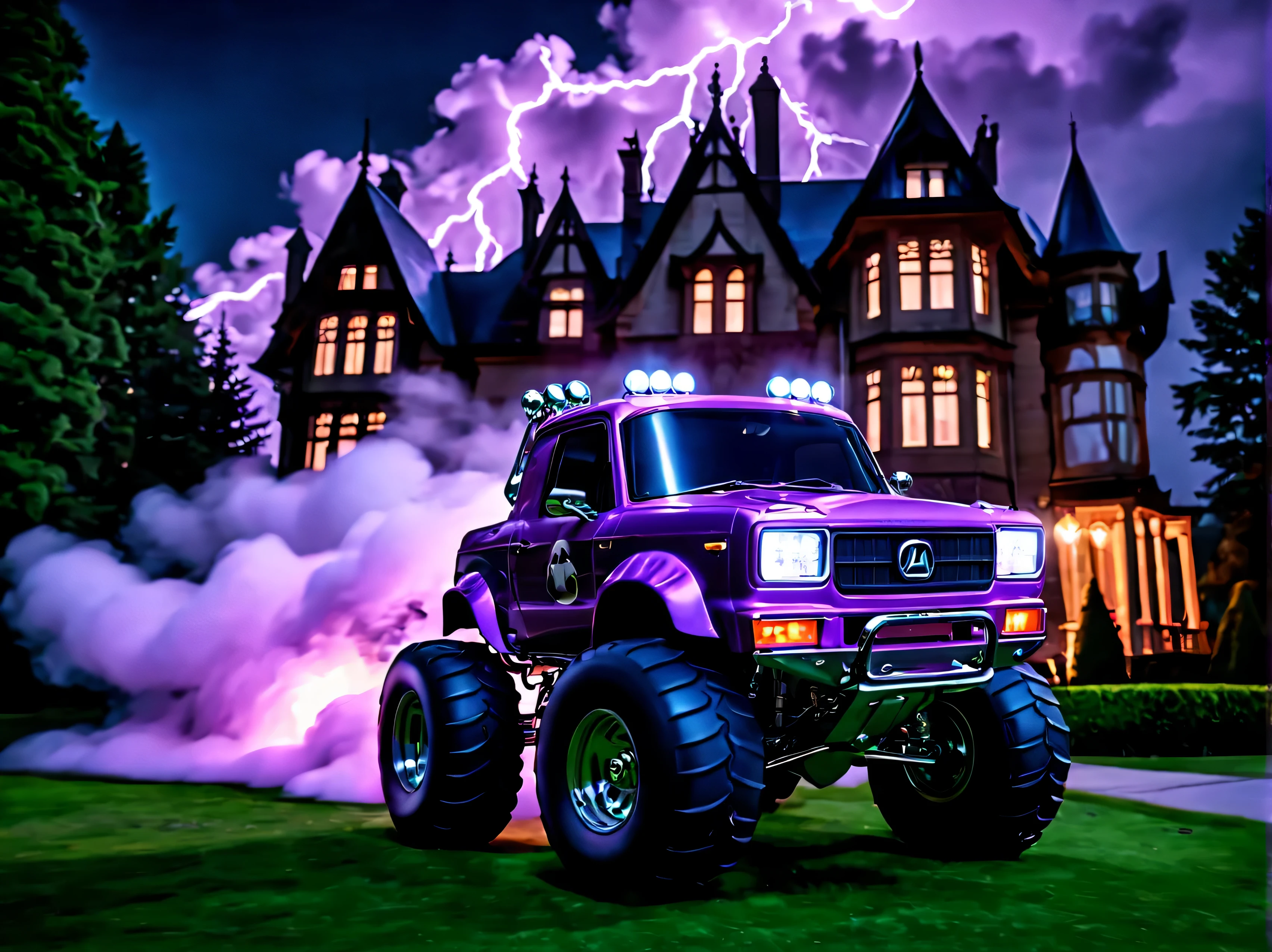 PeaCar1024, a pearly purple bubble monstertruck car, in front of spooky mansion, lightning flashes, nighttime, mystery-machine (style of scooby-doo:.8),  highly detailed, attack on titan, photography, ultra sharp, film, professional, high saturation, 4k 