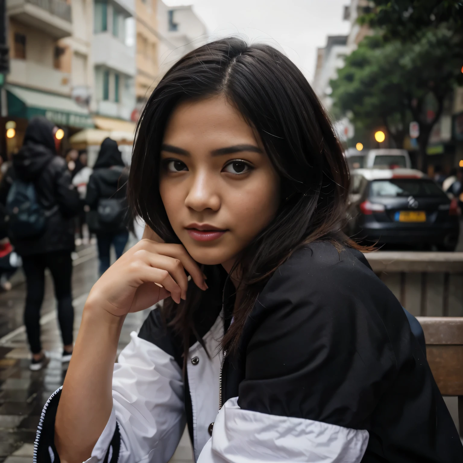 Wanita memakai jas hujan di halaman