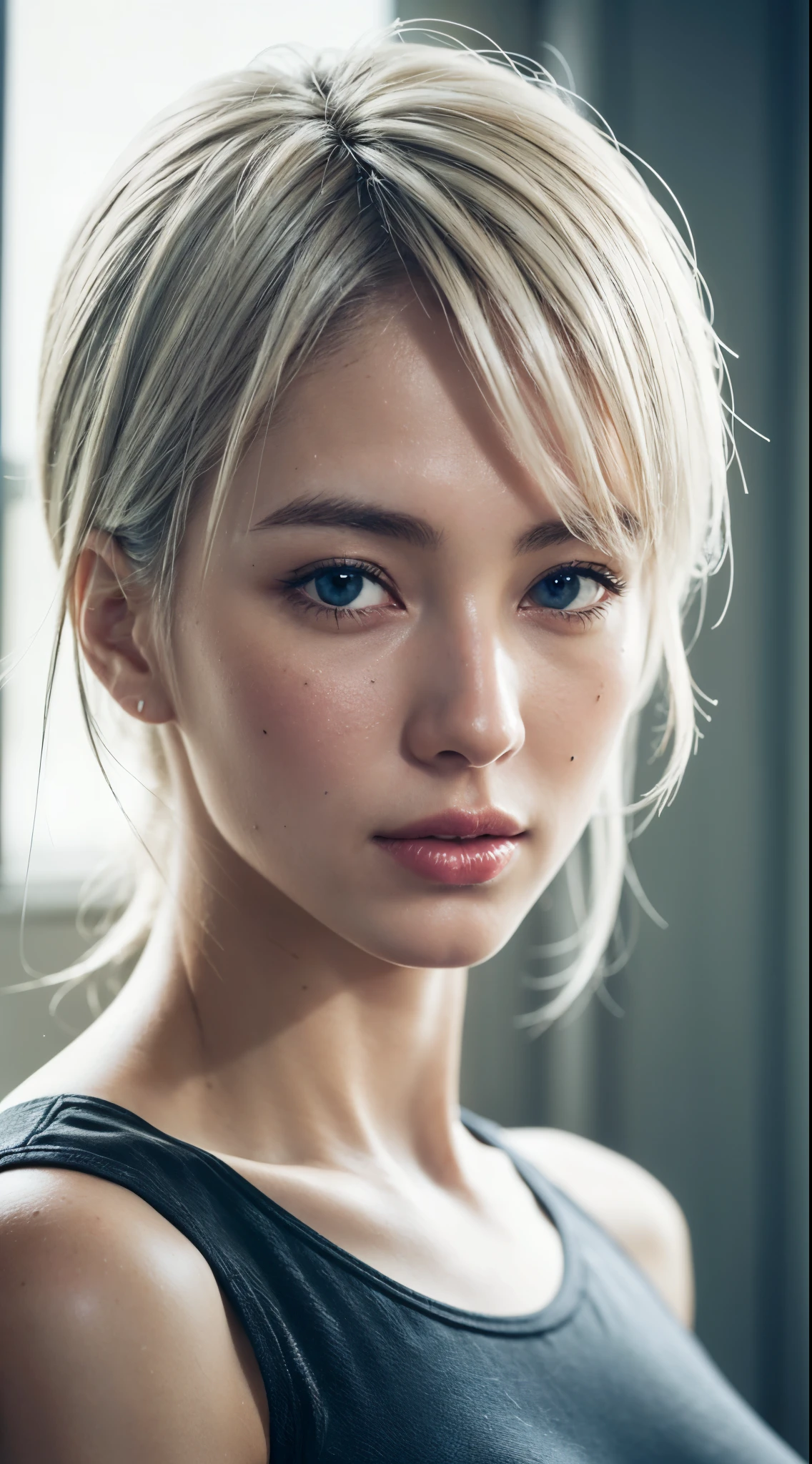 dressed, (photo realistic:1.4), (hyper realistic:1.4), (realistic:1.3), (smoother lighting:1.05), (increase cinematic lighting quality:0.9), 32K, 1girl,20yo girl, white hair ,realistic lighting, backlighting, light on face, ray trace, (brightening light:1.2), (Increase quality:1.4), (best quality real texture skin:1.4), finely detailed eyes, finely detailed face, finely quality eyes, (tired and sleepy and satisfied:0.0), face closeup, t-shirts, (Increase body line mood:1.1), (Increase skin texture beauty:1.1) (See the viewer's eyes)
