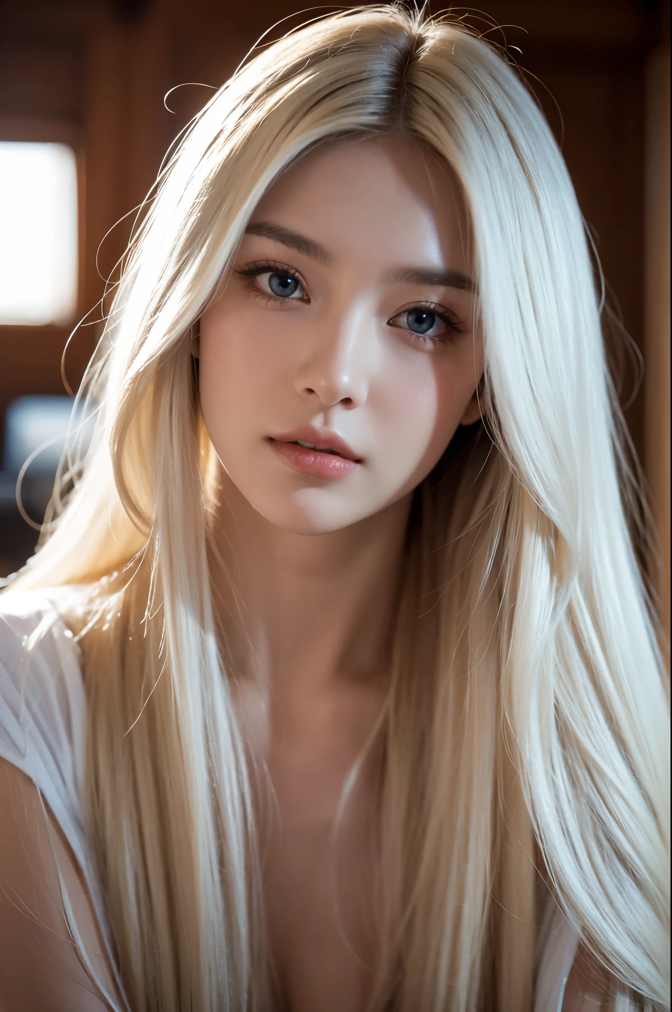 a beautiful cute supermodel, long white hair ,looking at viewer, portrait, photography, detailed skin, realistic, photo-realistic, 8k, highly detailed, full length frame, High detail RAW color art, piercing, diffused soft lighting, shallow depth of field, sharp focus, hyperrealism, cinematic lighting，shot on a Sony mirrorless camera
