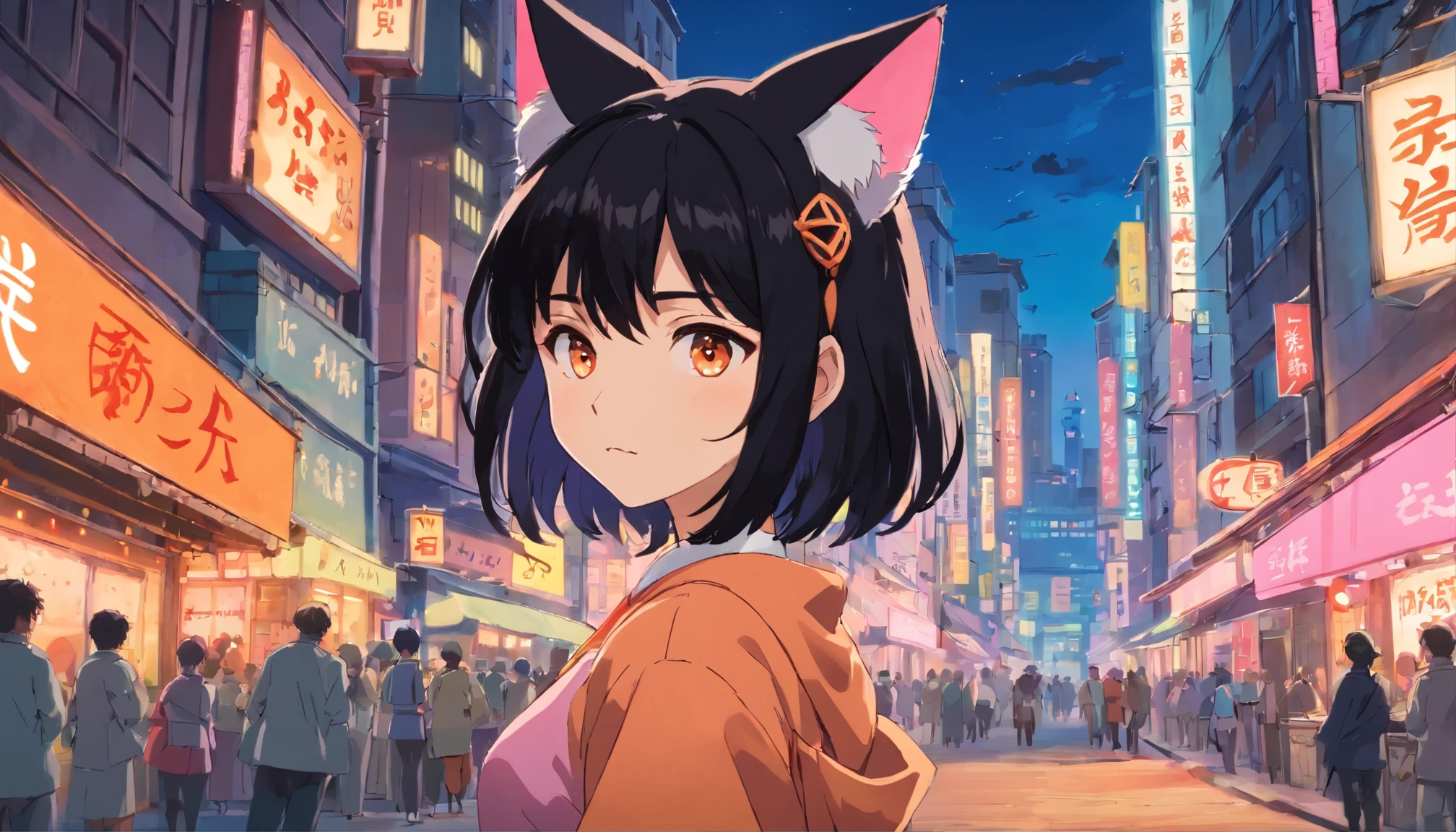 (masterpiece, best quality), ((1girl, (mature)), cat ears, girl in, standing, full body (full body) Perfect body (black hair, short hair, hair with bangs, hair with orange stirs, beautiful hair), (pink eyes, beautiful eyes, eye highlights, sharp eyes)), (simpler background, dark background, city background), (highres, chromatic freak), cyberpunk outfit