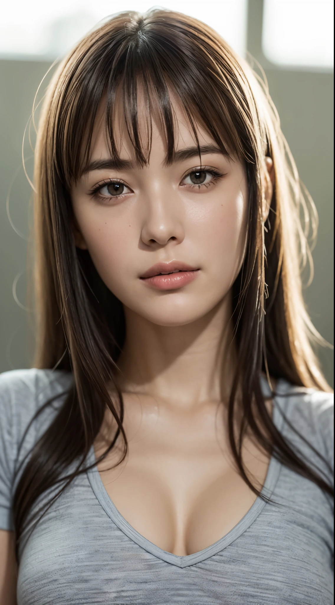 dressed, (photo realistic:1.4), (hyper realistic:1.4), (realistic:1.3), (smoother lighting:1.05), (increase cinematic lighting quality:0.9), 32K, 1girl,20yo girl,172 cm tall, chest size 34D, ((long white hair)) ,realistic lighting, backlighting, light on face, ray trace, (brightening light:1.2), (Increase quality:1.4), (best quality real texture skin:1.4), finely detailed eyes, finely detailed face, finely quality gray eyes, (tired and sleepy and satisfied:0.0), face closeup, t-shirts, (Increase body line mood:1.1), (Increase skin texture beauty:1.1)