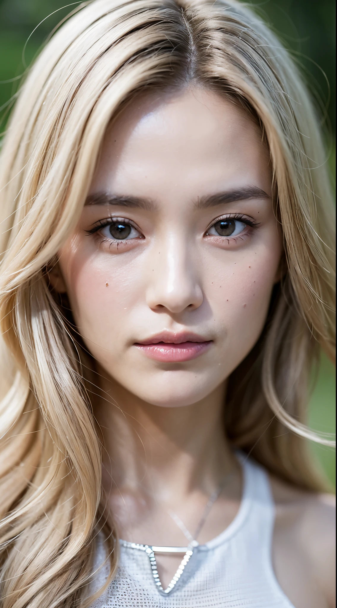 (photo realistic:1.4), (hyper realistic:1.4), (realistic:1.3), (smoother lighting:1.05), (increase cinematic lighting quality:0.9), 32K, 1girl, 19 year old girl, 172 cm tall, chest size 34D, ((long white hair )), realistic lighting, backlighting, light on face, ray trace, (brightening light:1.2), (Increase quality:1.4), (best quality real texture skin:1.4), finely detailed eyes, finely detailed face, finely quality (gray eyes), (tired and sleepy and satisfied:1.0), face closeup, white dress, (Increase body line mood:1.1), (Increase skin texture beauty:1.1), teasing eyes, outdoor, soft lighting
