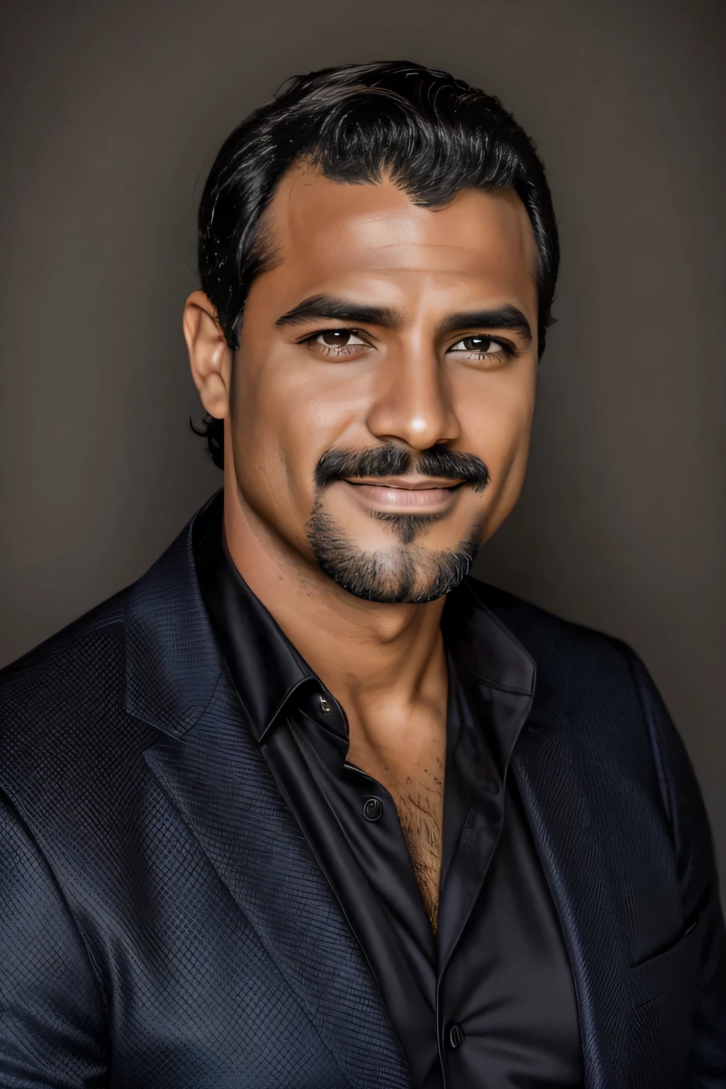 Foto de retrato de un hombre guapo, 40 years,short brown hair, Traje de terciopelo negro, la camisa negra,(((sin barba:1.3))) y sin corbata , Backgroud azul oscuro
