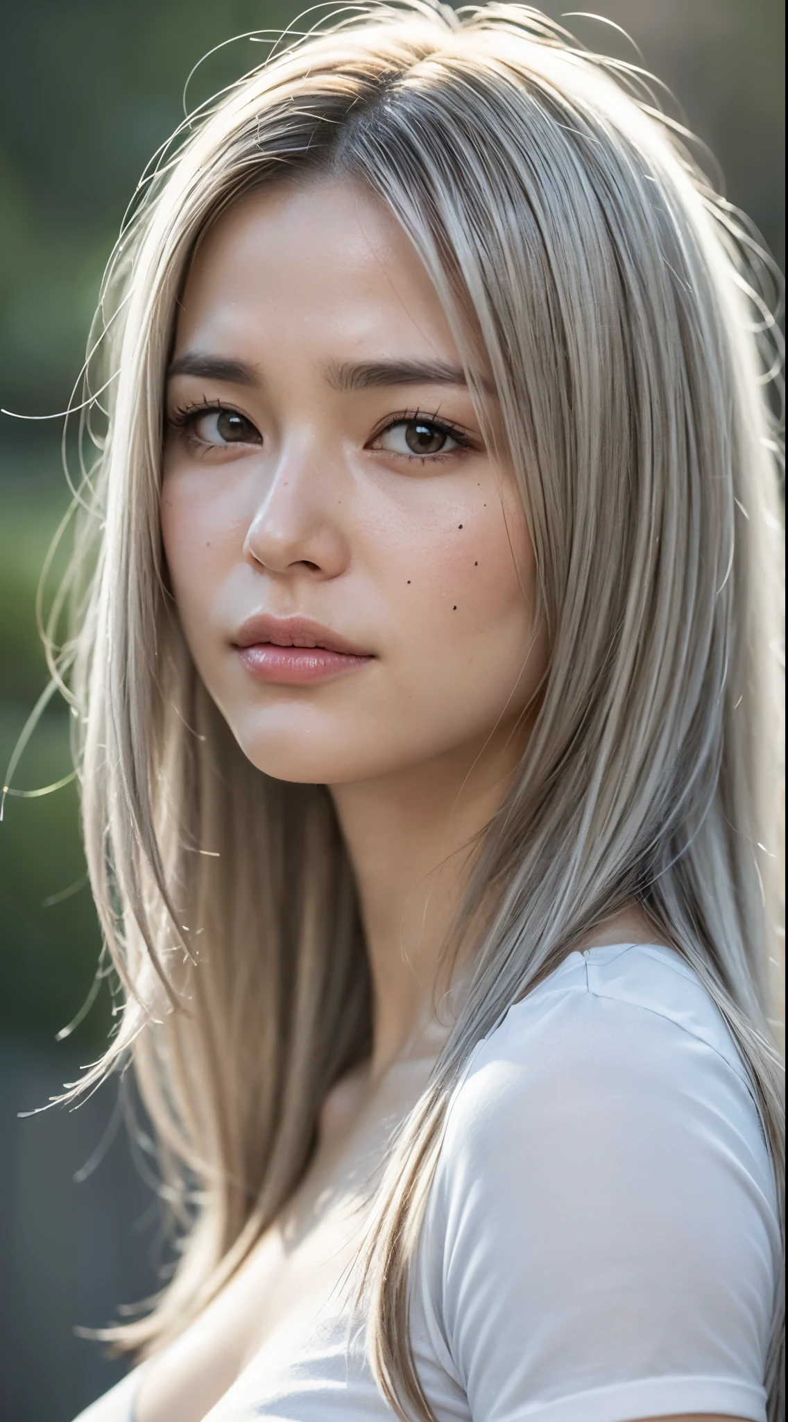 (photo realistic:1.4), (hyper realistic:1.4), (realistic:1.3), (smoother lighting:1.05), (increase cinematic lighting quality:0.9), 32K, 1girl, 19 year old girl, 172 cm tall, chest size 34D, ((long white hair )), realistic lighting, backlighting, light on face, ray trace, (brightening light:1.2), (Increase quality:1.4), (best quality real texture skin:1.4), finely detailed eyes, finely detailed face, finely quality (gray eyes), (tired and sleepy and satisfied:1.0), ((mean face)), face closeup, t-shirts, (Increase body line mood:1.1), (Increase skin texture beauty:1.1)