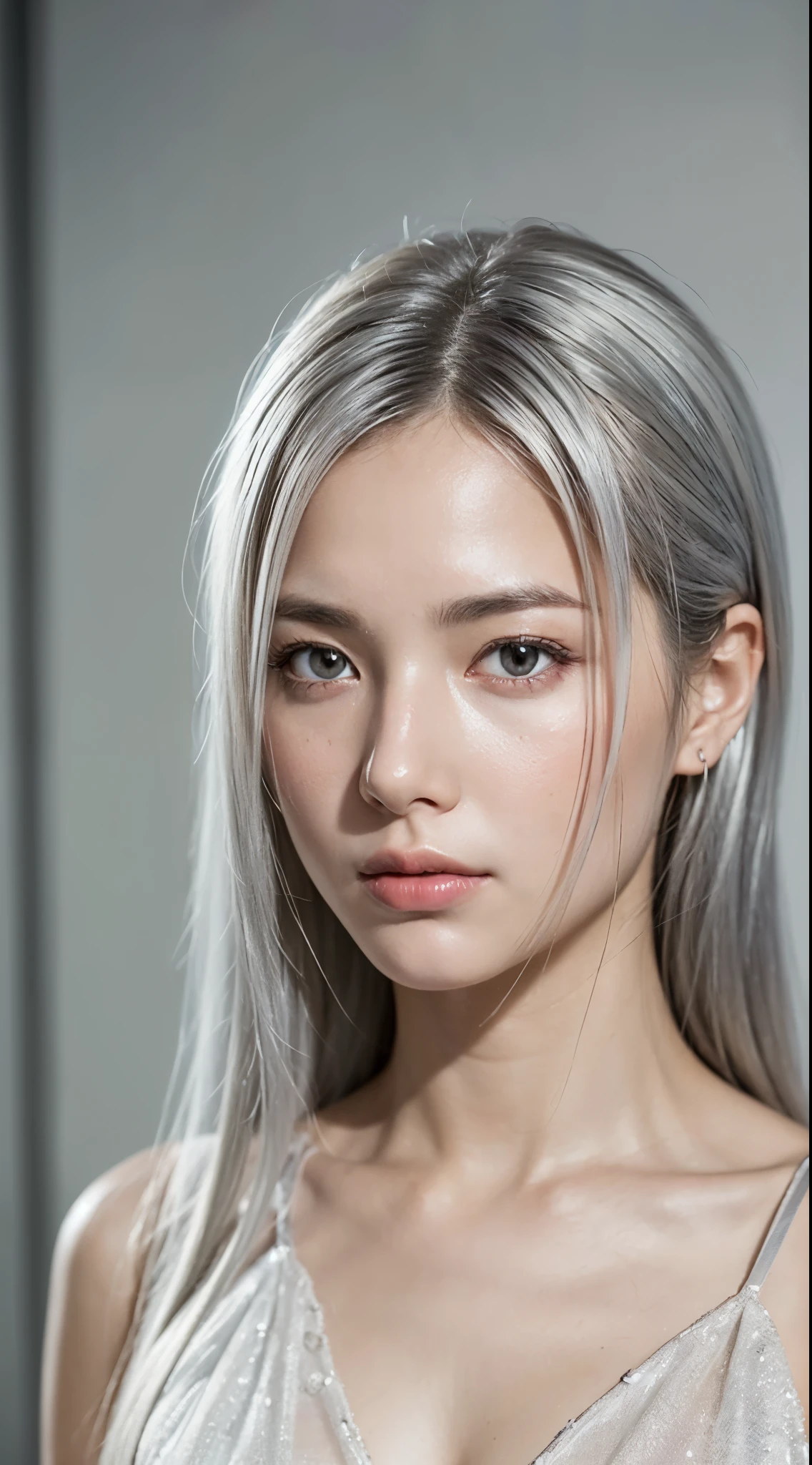 (photo realistic:1.4), (hyper realistic:1.4), (realistic:1.3), (smoother lighting:1.05), (increase cinematic lighting quality:0.9), 32K, 1girl, 19 year old girl, pale skin color,172 cm tall, chest size 34D, ((long silver hair )), realistic soft lighting, backlighting, light on face, ray trace, (brightening light:1.2), (Increase quality:1.4), (best quality real texture skin:1.4), finely detailed eyes, finely detailed face, finely quality (gray eyes), (tired and sleepy and satisfied:1.0), mean face,face closeup, white dress, (Increase body line mood:1.1), (Increase skin texture beauty:1.1)