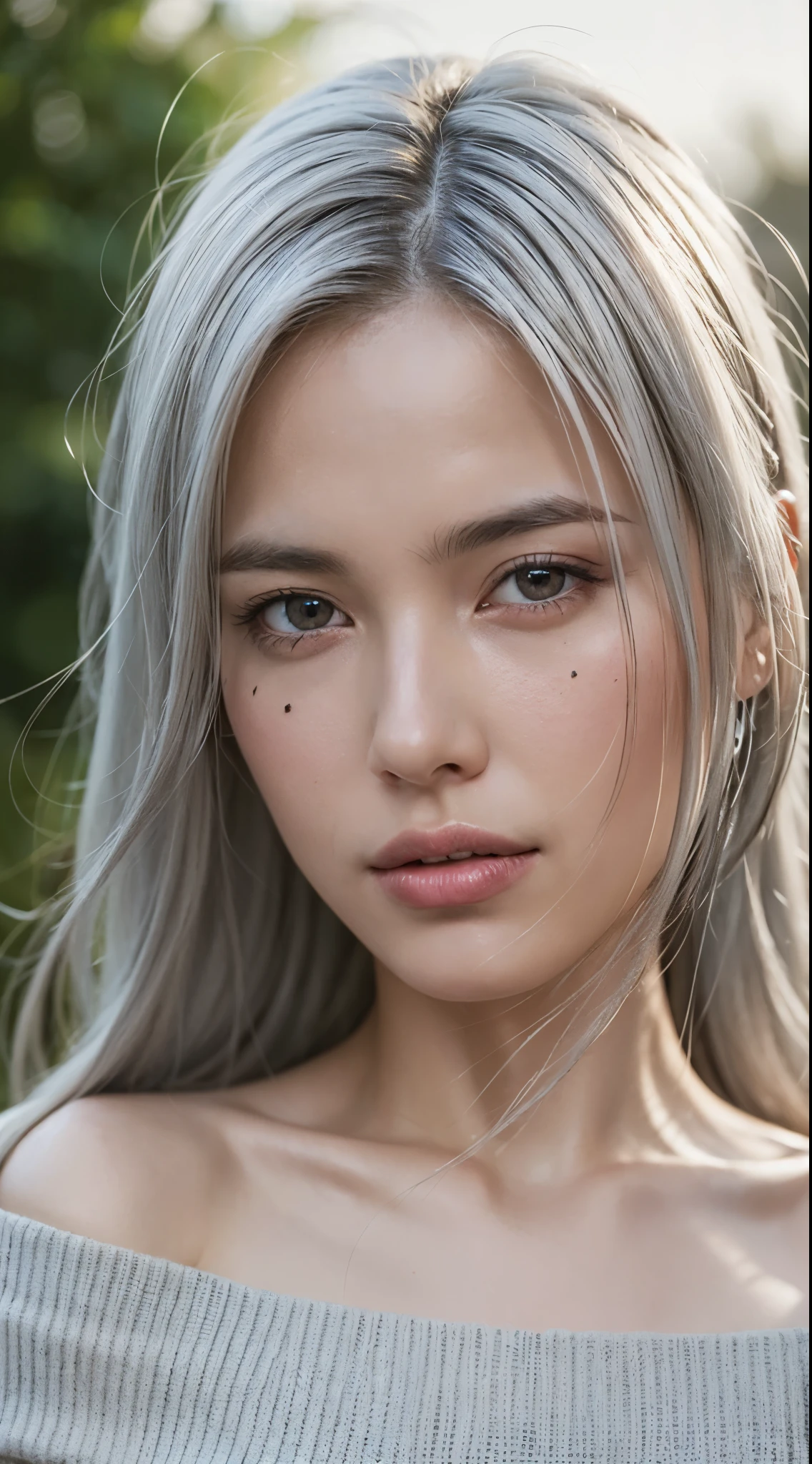 (photo realistic:1.4), (hyper realistic:1.4), (realistic:1.3), (smoother lighting:1.05), (increase cinematic lighting quality:0.9), 32K, 1girl, 19 year old girl, pale skin color,172 cm tall, chest size 34D, ((long silver fluffy hair )),realistic soft lighting, backlighting, light on face, ray trace, (brightening light:1.2), (Increase quality:1.4), (best quality real texture skin:1.4), finely detailed eyes, finely detailed face, finely quality (gray eyes), (tired and sleepy and satisfied:1.0), mean face, face closeup, Chris Foss Fall Off-Shoulder Sweater, (Increase body line mood:1.1), (Increase skin texture beauty:1.1)
