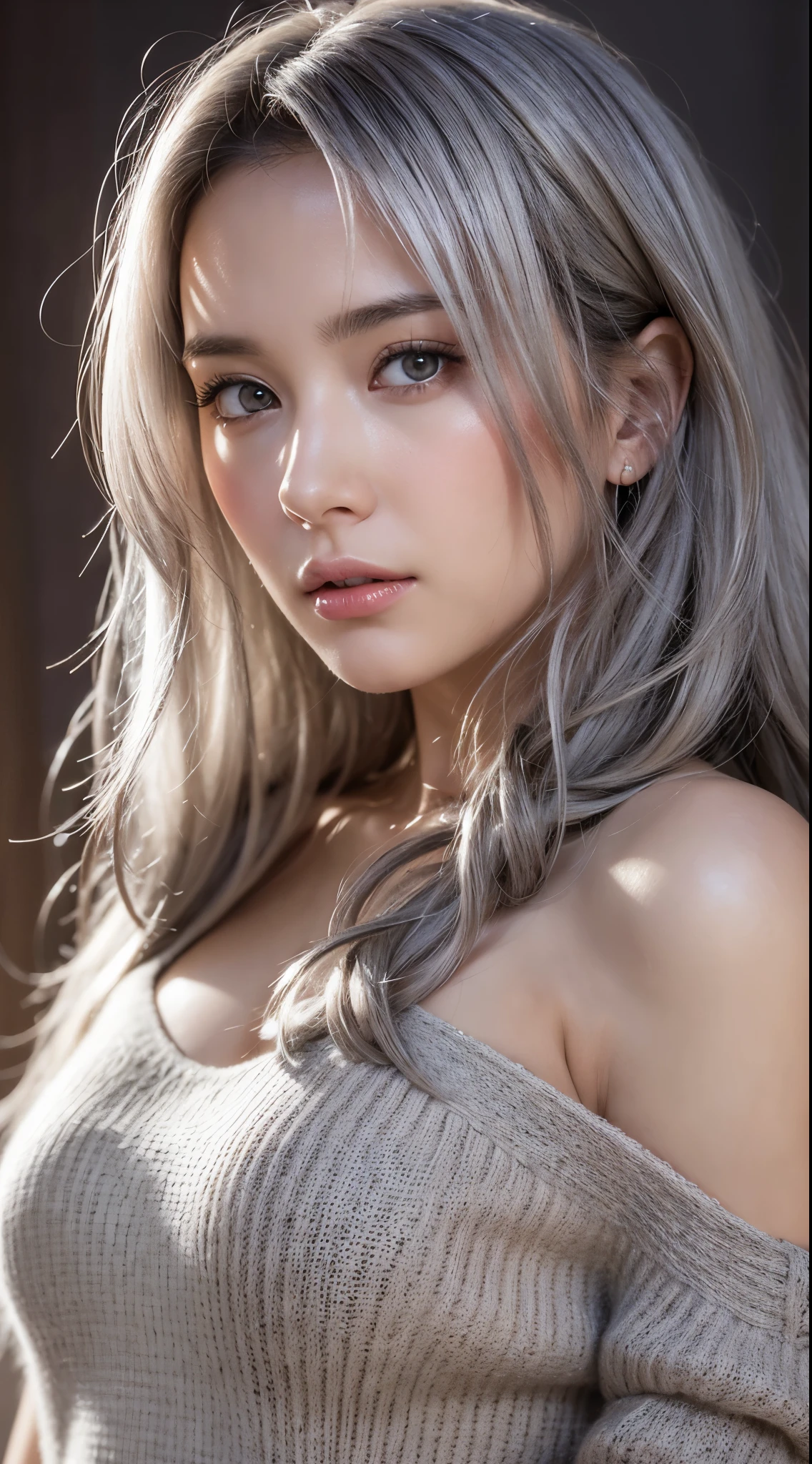 (photo realistic:1.4), (hyper realistic:1.4), (realistic:1.3), (smoother lighting:1.05), (increase cinematic lighting quality:0.9), 32K, 1girl, 19 year old girl, pale skin color,172 cm tall, chest size 34D, ((long silver fluffy hair )),realistic soft lighting, backlighting, light on face, ray trace, (brightening light:1.2), (Increase quality:1.4), (best quality real texture skin:1.4), finely detailed eyes, finely detailed face, finely quality (gray eyes), (tired and sleepy and satisfied:1.0), mean face, face closeup,  Chris Foss Fall Off-Shoulder Sweater, (Increase body line mood:1.1), (Increase skin texture beauty:1.1)