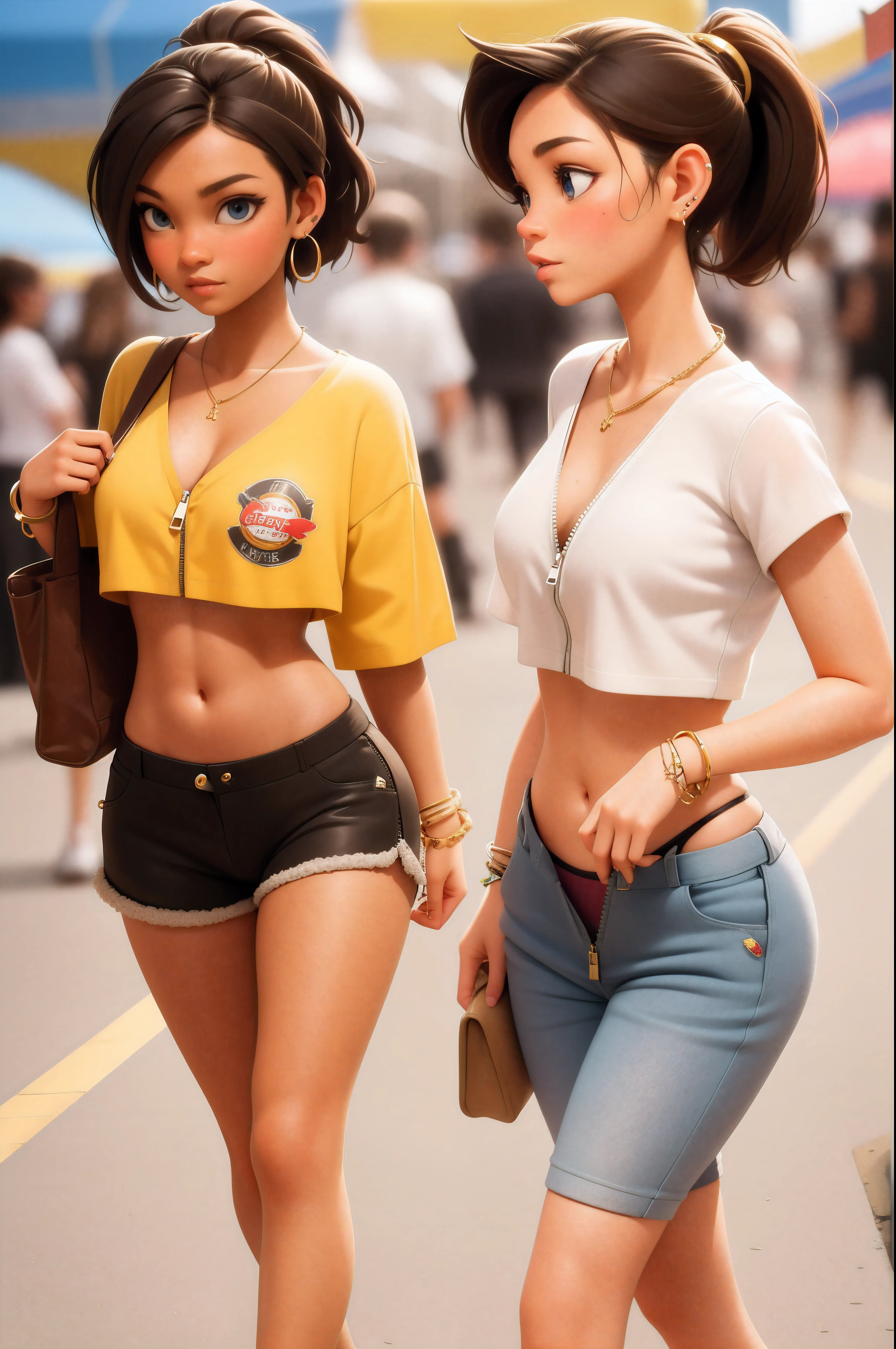 sexy female, brown hair, blue eyes, ponytail, crop top, (unzipped [red short shorts]), PANTIES, bracelet, earrings, golden necklace, walking at a carnival