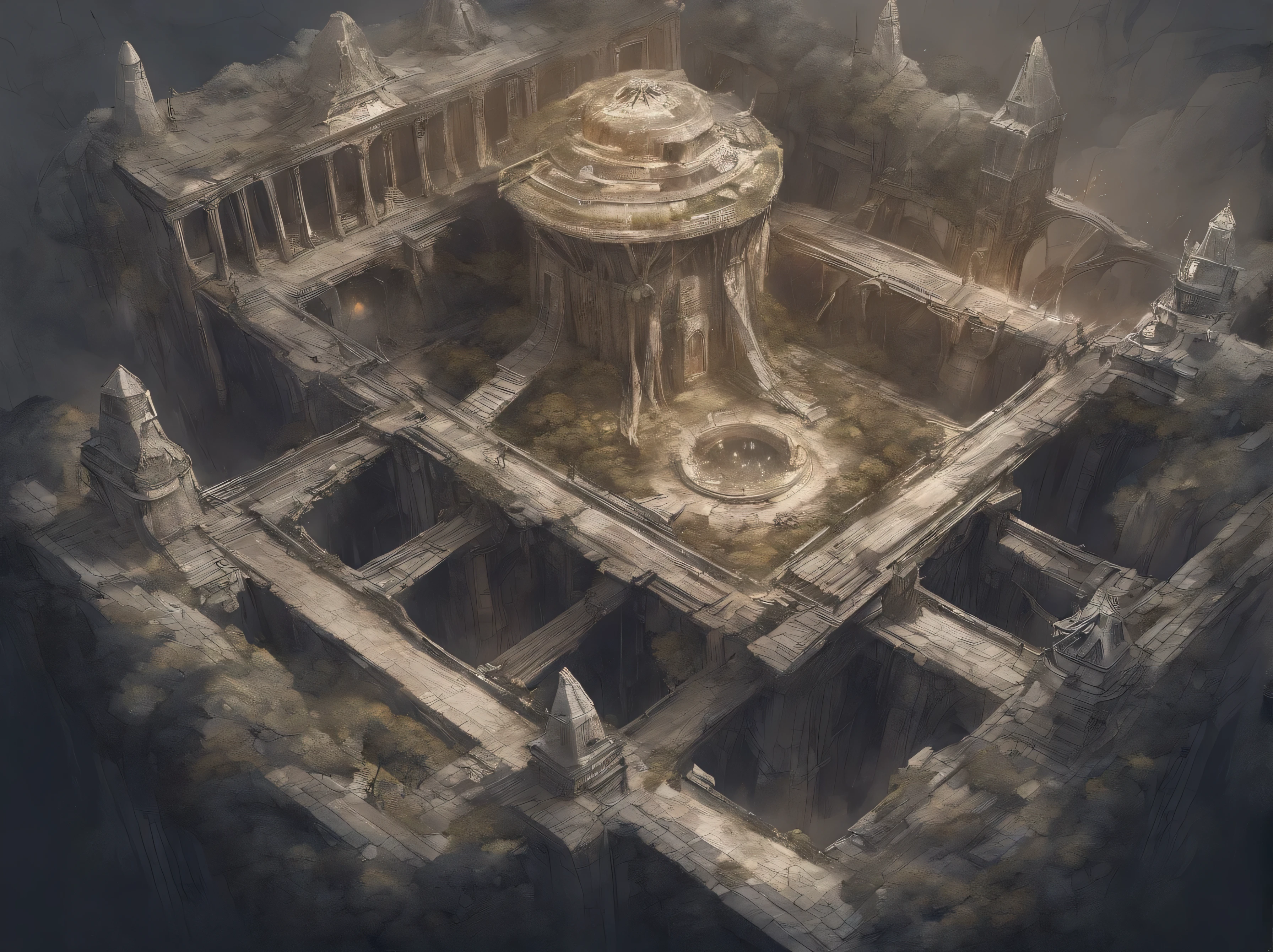 bird's eye, tiro direto de cima para baixo de um drone, battle map of an underground scientific prison, (huge dark magical roots sprouting from the west:1.2), (Necrotic black magic in the air:1.2), Fogo, Ice and thunder, dungeons and dragons, Fantasia Final, arte do jogo, (arquitetura e interiores coerentes, with realistic proportions and textures, detalhes intrincados, hand drawn, vibrante, Cinematic lighting, obra de arte, 8K:1.2)