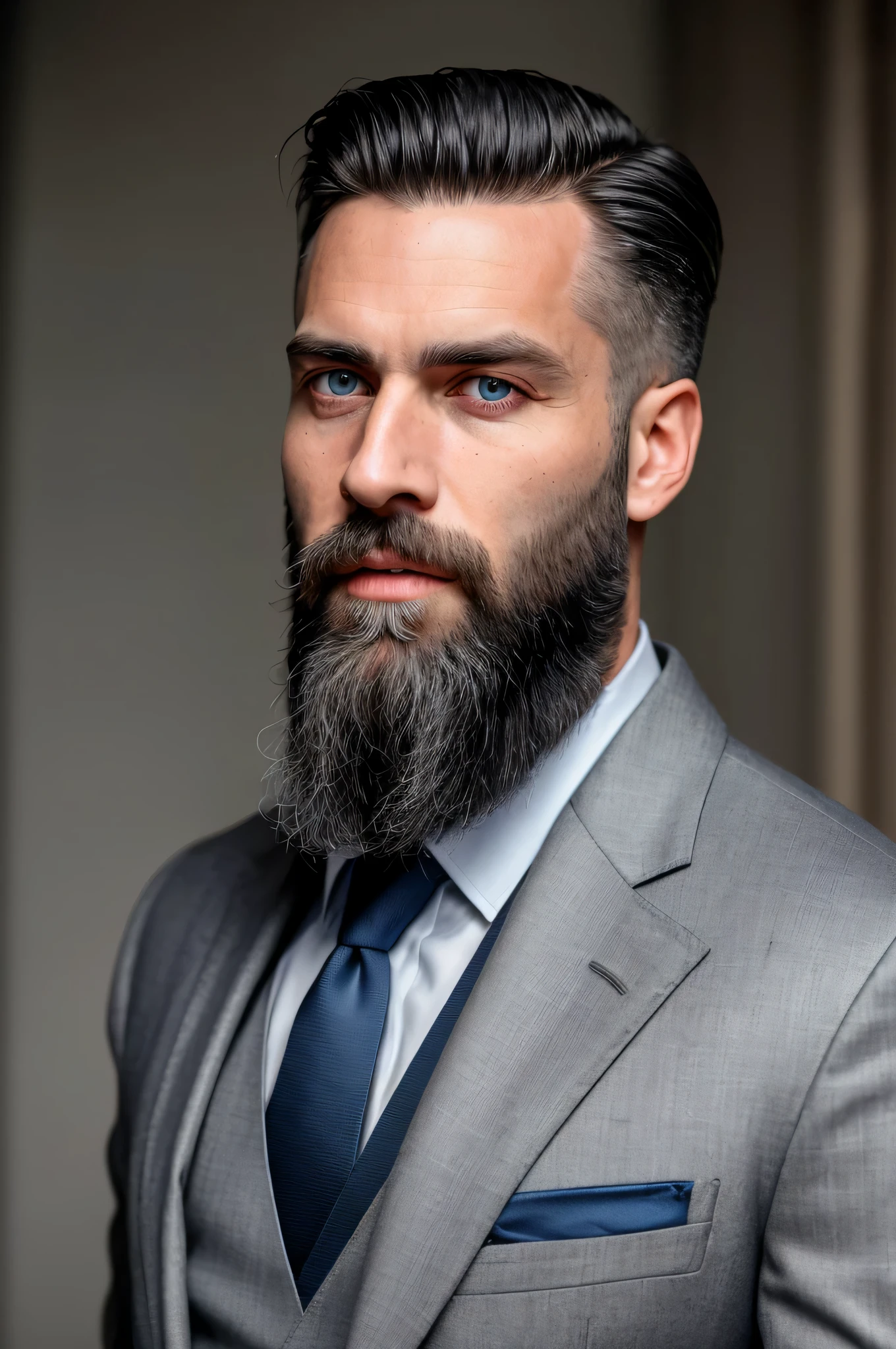 foto cruda, retrato de un profesor con barba en una suite gris, completo agudo, cara detallada, ojos azules, I am a gothic palace (piel muy detallada:1.2), 8K, HD, digital slr camera, soft lighting, Alta calidad, film grain, Fujifilm XT3