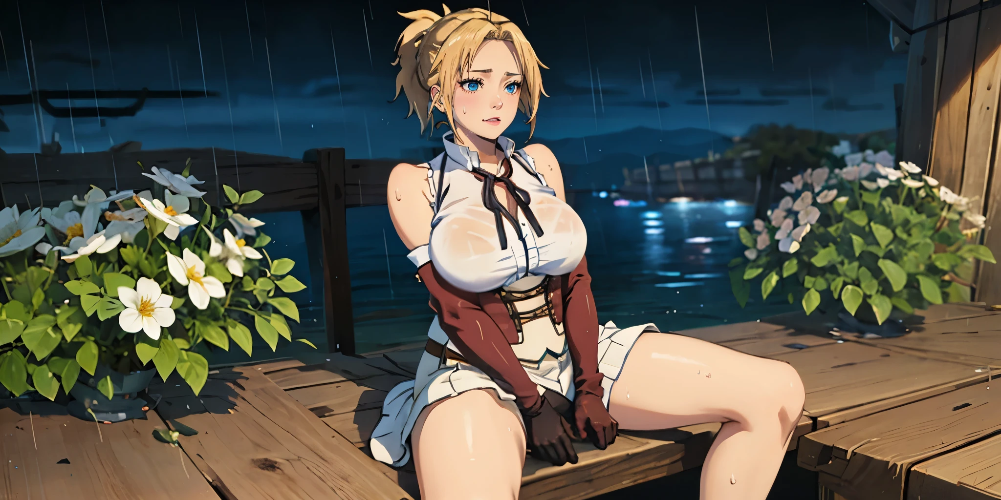 (blonde hair:1.4), blue eyes, low ponytail, (plump:1.2), 1girl, flower, breasts, gloves, large_breasts,  solo, sitting, black_gloves, wet, blush, sleeveless, thigh_strap, between_legs, wet_clothes, see-through, looking_at_viewer, hand_between_legs, bare_shoulders, rain, dress, skirt, white_flower, 