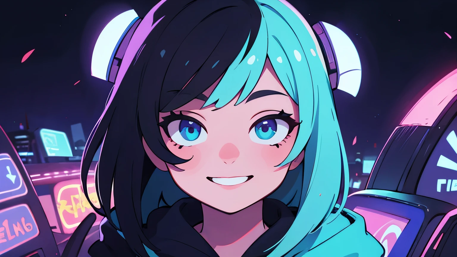 ((best quality)), ((masterpiece)), (detailed), perfect face, detailed background, masterpiece, best quality, smile, ornament, hoodie, portrait, blue neon, graffiti, dark, night, glowing eyes, blacklight
