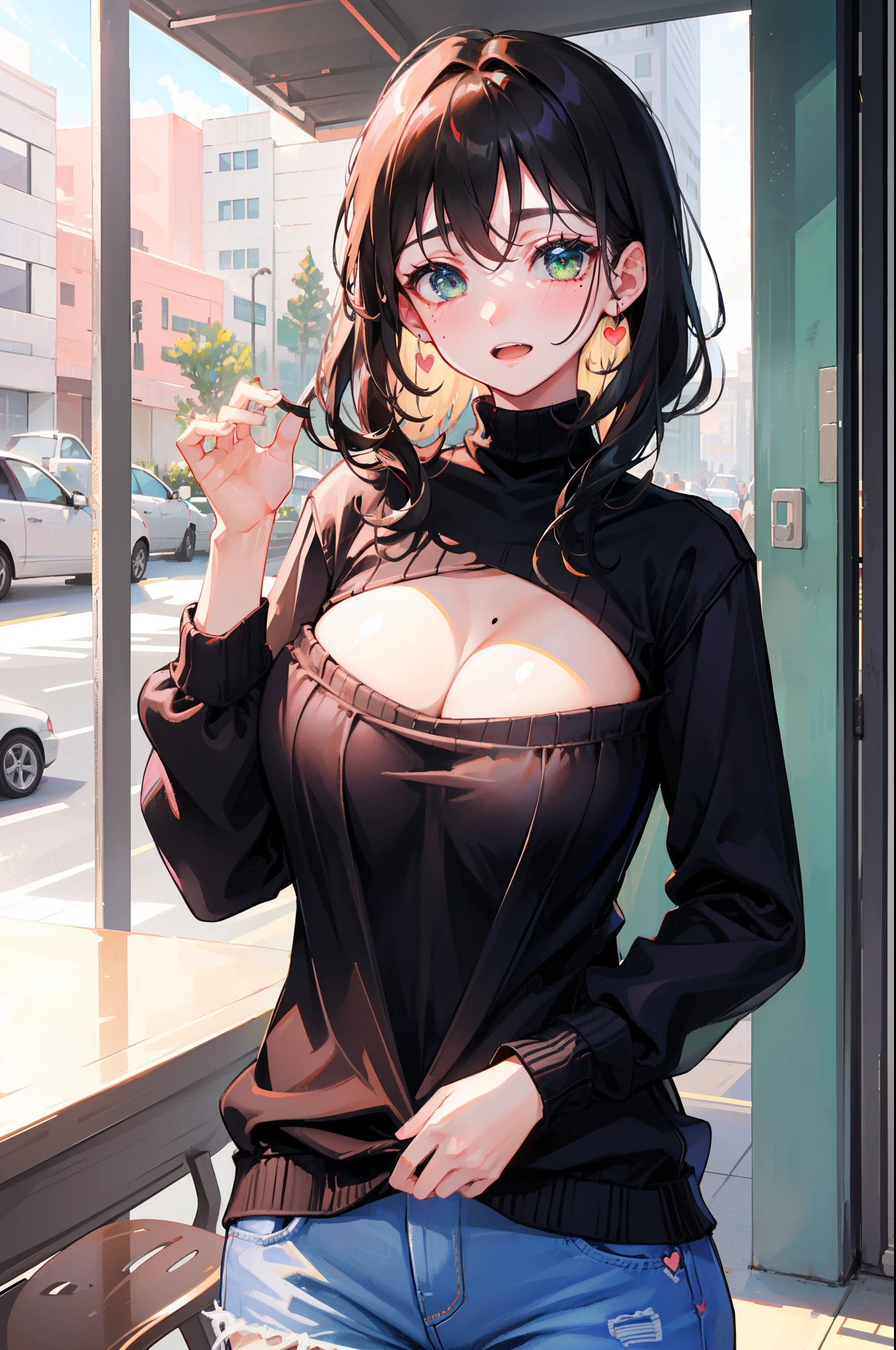 1girl, breasts, green_eyes, sweater, smile, cleavage, solo, clothing_cutout, looking_at_viewer, cleavage_cutout, large_breasts, black_hair, blush, outdoors, bangs, long_hair, open-chest_sweater, turtleneck, ribbed_sweater, closed_mouth, upper_body, mole, turtleneck_sweater, mole_under_eye, day, brown_sweater, long_sleeves, meme_attire, building, heart_cutout, sign
