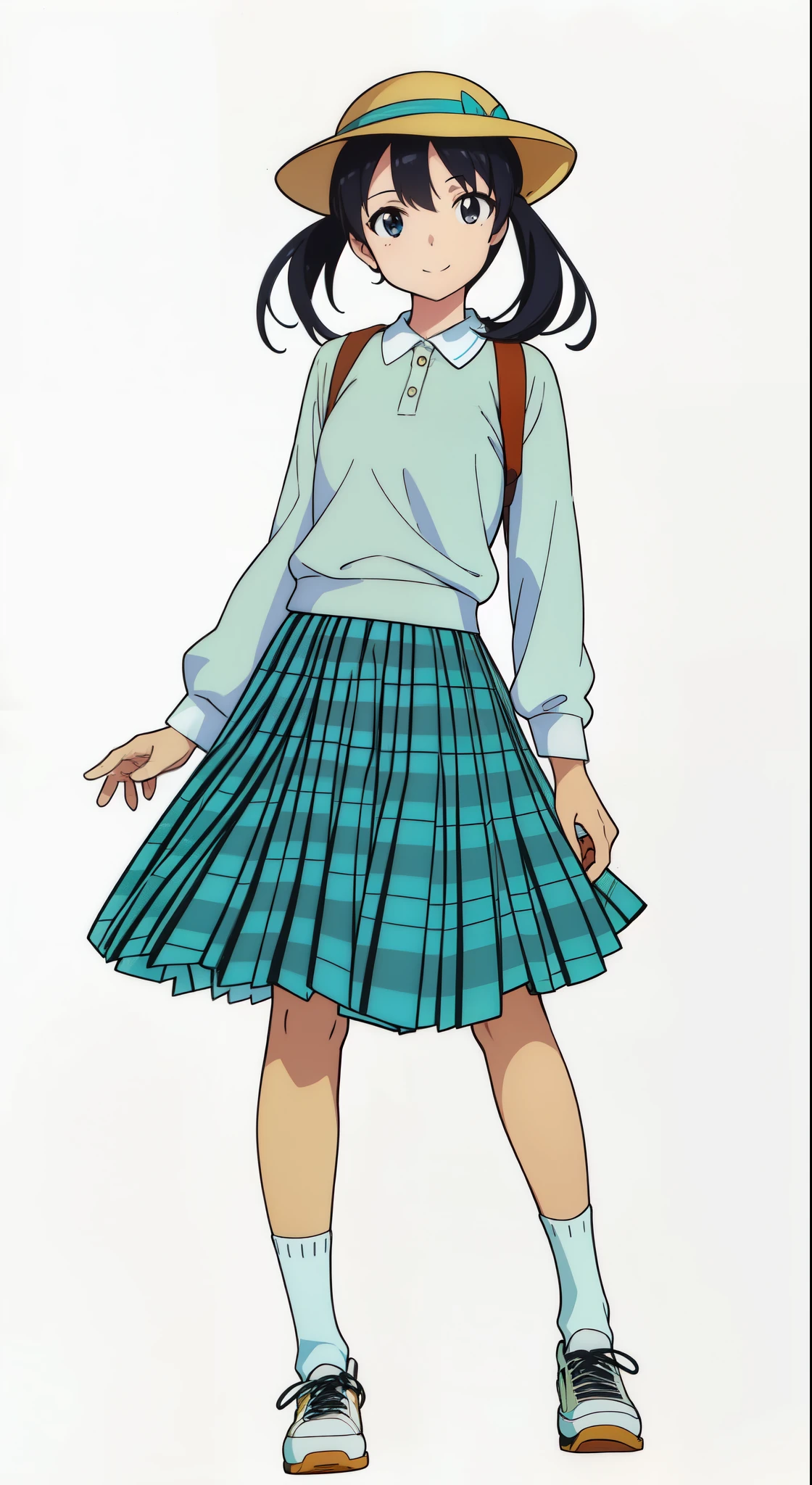 (cheerful:1.5), (light smile:1.5), (white background:1.0), (best quality:1.0), (masterpiece:1.0), (super fine illustration:1.0), (beautiful artwork:1.0), (anime screencap:1.0), (official art:1.0), (full body:1.0), (solo:1.0), (ESGA:1.0), (a 12yo cute girl:1.0), (yellow hat:1.25), (red backpack:1.0), (long skirt:1.0), (green tartan skirt:1.0), (pleated skirt:1.0), (aqua blue polo shirt:1.0), (long sleeve polo shirt:1.0), (sneakers:1.0), (white socks:1.25), (ideal ratio body proportions:1.25), (lanky:1.25), (tall:1.25), (slender:1.25), (small breasts:1.25), (smaller face:1.25), (tareme:1.0), (detailed beautiful eyes:1.0), (detailed beautiful face:1.0), (glowing black eyes:1.0), (short hair:1.0), (low twintails:1.0), (black hair:1.0), (looking at viewer:1.0)