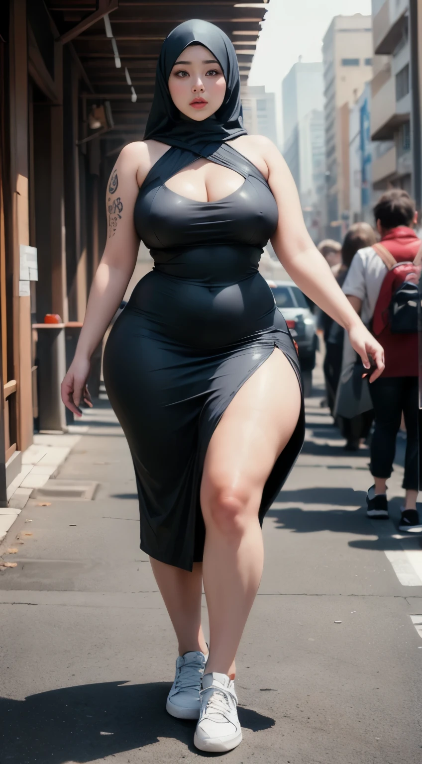 ((best quality)), ((masterpiece)), (detailed), perfect face, araffe woman in a dark-blue dress walking down a street, thicc, she has a jiggly fat round belly, bbwchan, wearing dress, skinny waist and thick hips, widest hips, her belly is fat and round, soft curvy shape, hyperrealistic full figure, wearing a cute dress , wide hips, cropped shoulders,Bare belly,(big assa:0.7),show legs,, thicc, beautiful thick female, beautiful curvy female,, Tall and tall,clear curvy details, curvy hourglass figure, alluring plus sized model, bbwchan, Voluptious body, Curvy model, Curvy body, Be red in the face, 1girll, a matural female, A MILF, the golden ratio,(Kpop idol),(Oil skin:0.72),(Oil skin:1.1), iremuzi tattoos on thighs, big tattoo on thighs, japanese goddess , korean Goddess , milky white skin, wearing hijab clothes, wearing sneakers