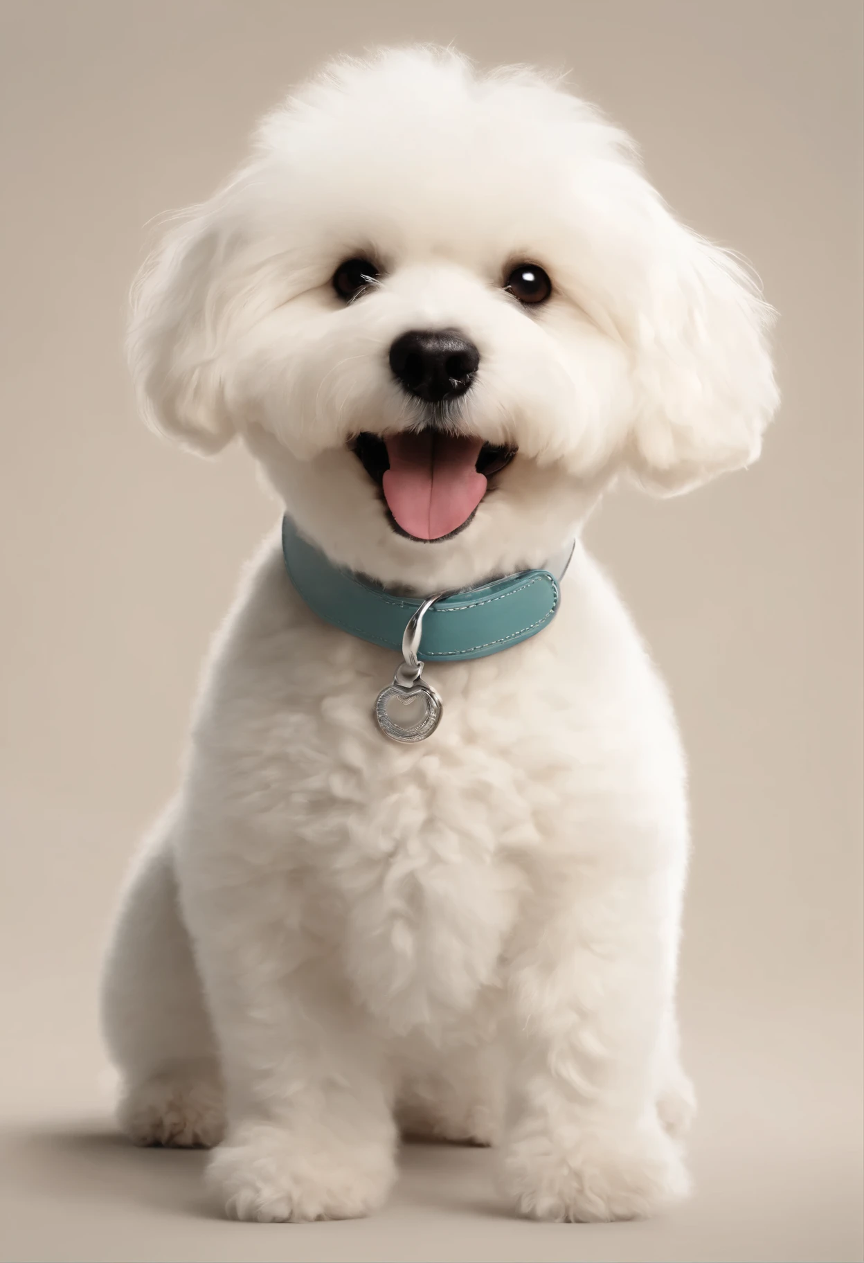 Create posters inspired by Disney Pixar movies, image with solid white background. el Cachorro bichon frise de orejas marrones y cuerpo color crema, smiling and happy expression. digital art should be Pixar style, Con reminiscencias de largometrajes animados..